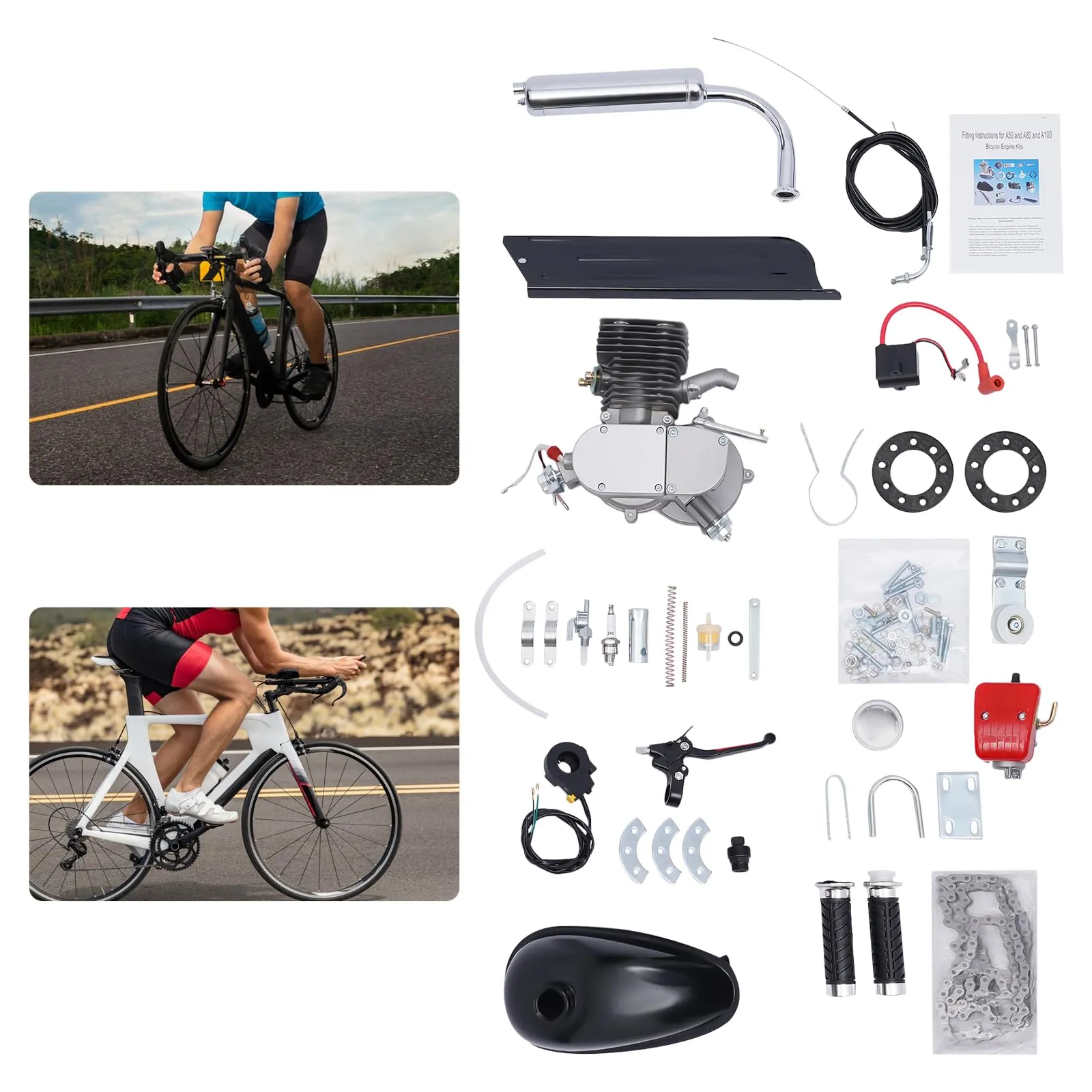 100cc Bicycle Engine Kit for 26' to 28' Bikes, 2-Stroke Gas Motorized Conversion Kit