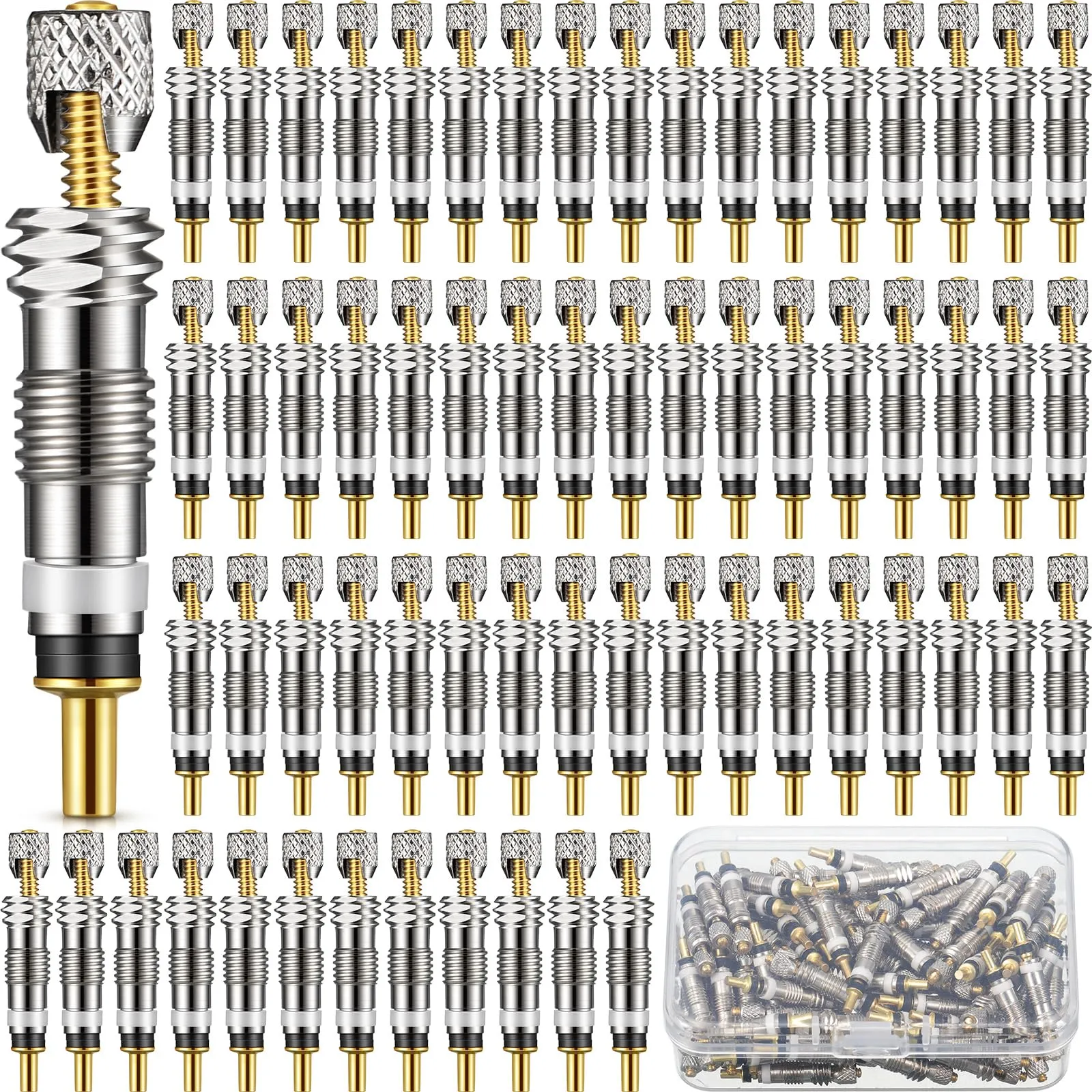 100pcs Presta Valve Core Replacement for Bike, Brass Tubeless Cores, Alloy Remover Tool, Datanly