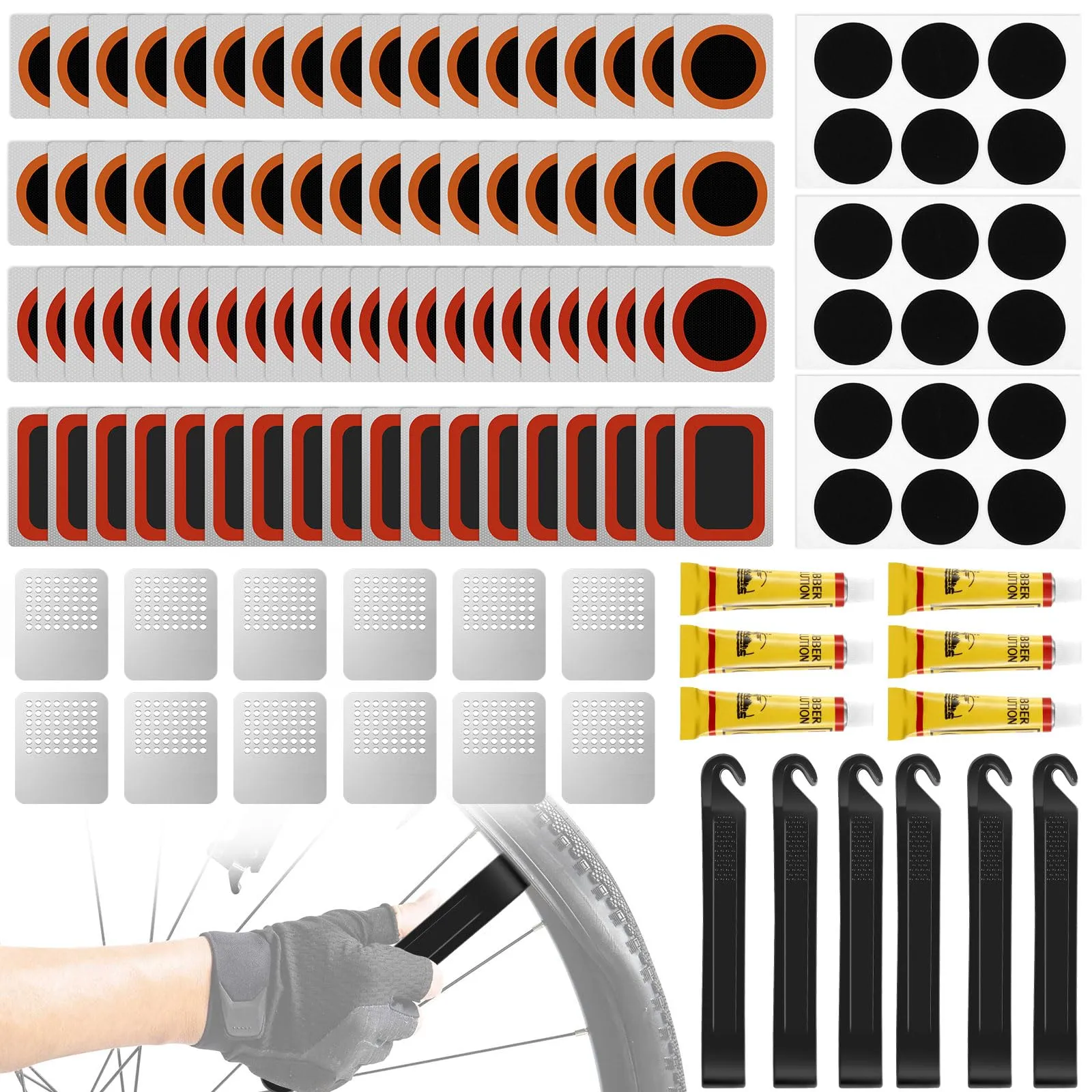 105Pcs Bike Tire Repair Kit with Patches, Glue & Tools for Mountain, BMX, and Road Bicycles