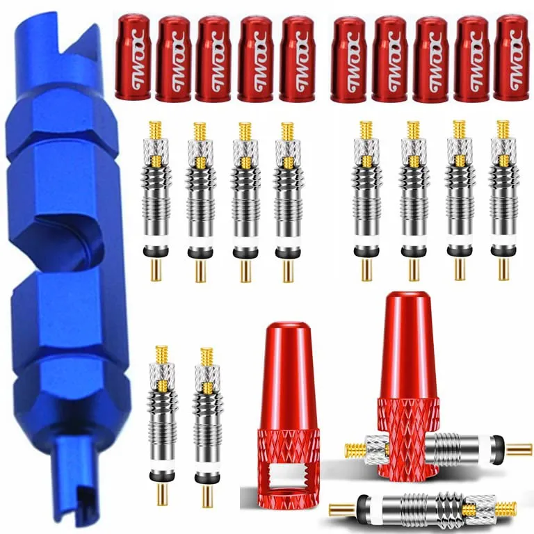 10 Pieces Presta Valve Core & 12 Alloy Caps with Remover Tool for Road MTB Bike - Universal Fit