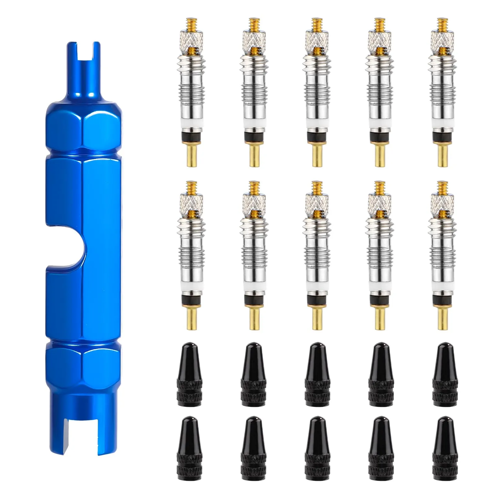 10pcs Presta Valve Core Set with Dismantle Tool & Caps - Brass Replacement for Tubeless Bikes