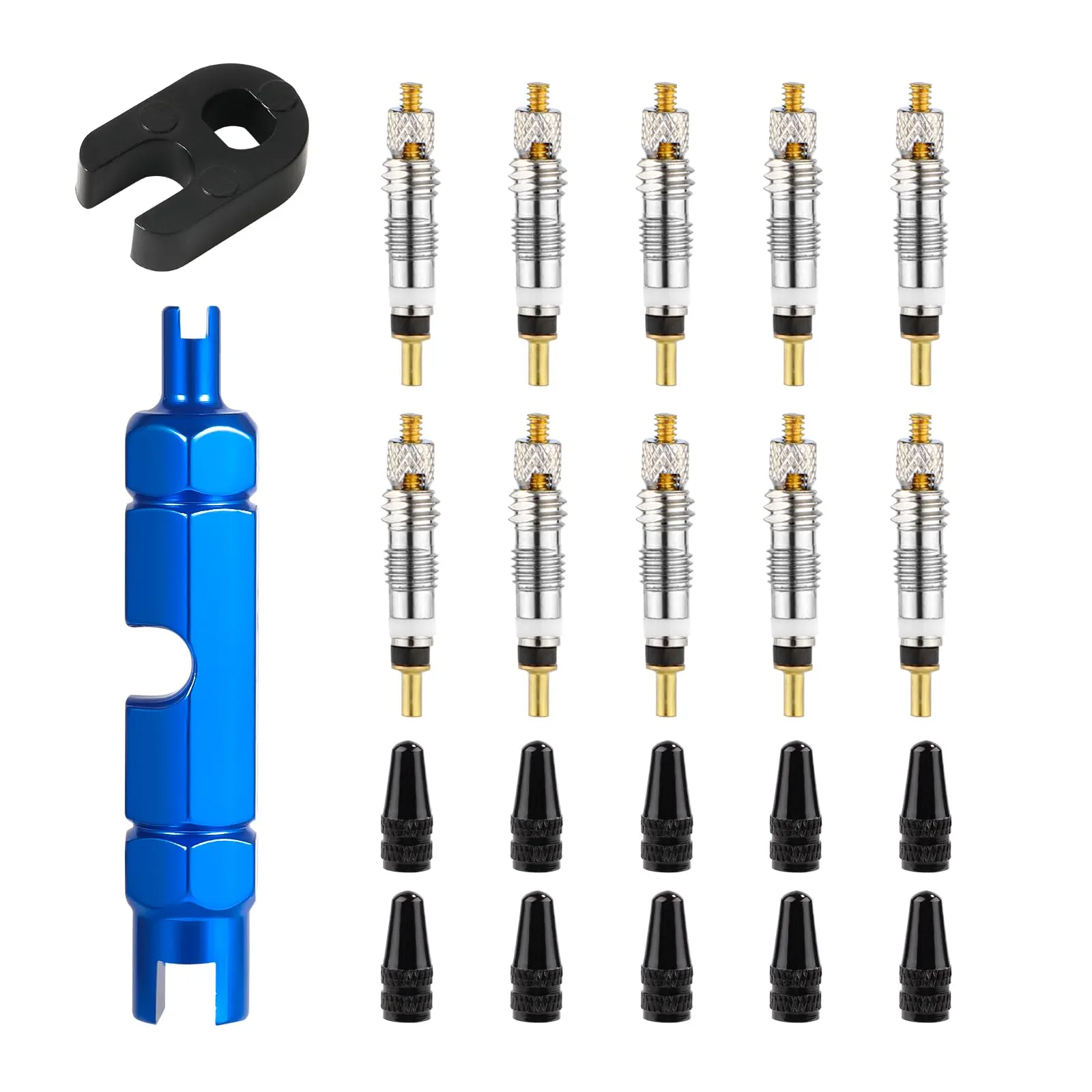 10pcs Valve Core Set for Presta Tubeless Tires with Dismantle Tools & Caps - Durable Brass Components