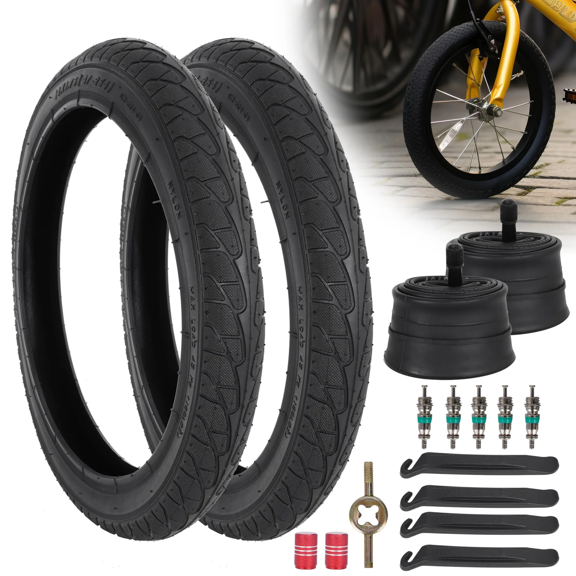 14 Inch Bike Tire and Inner Tube Set for Kids BMX, Heavy Duty 14x1.75 Tire with Schrader Valve