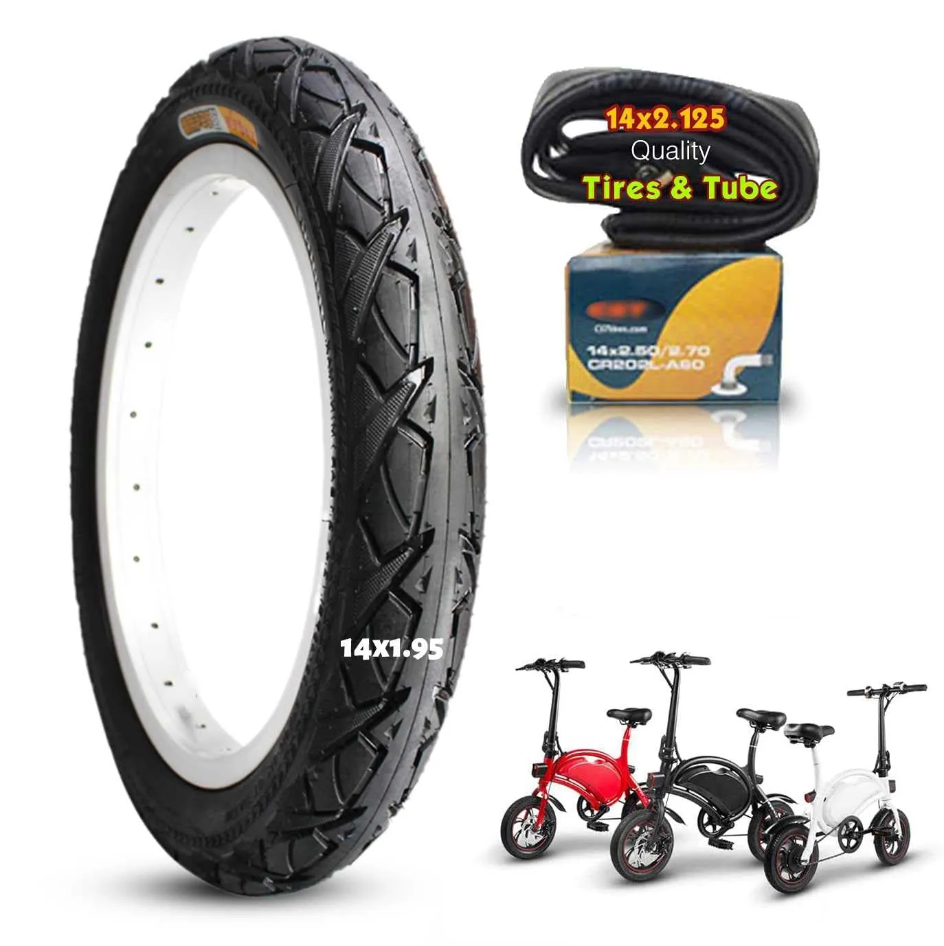 14x1.95 Anti-Puncture Tire and Tube Set for Electric Bikes - Durable Black Rubber, Compatible with E-Scooters