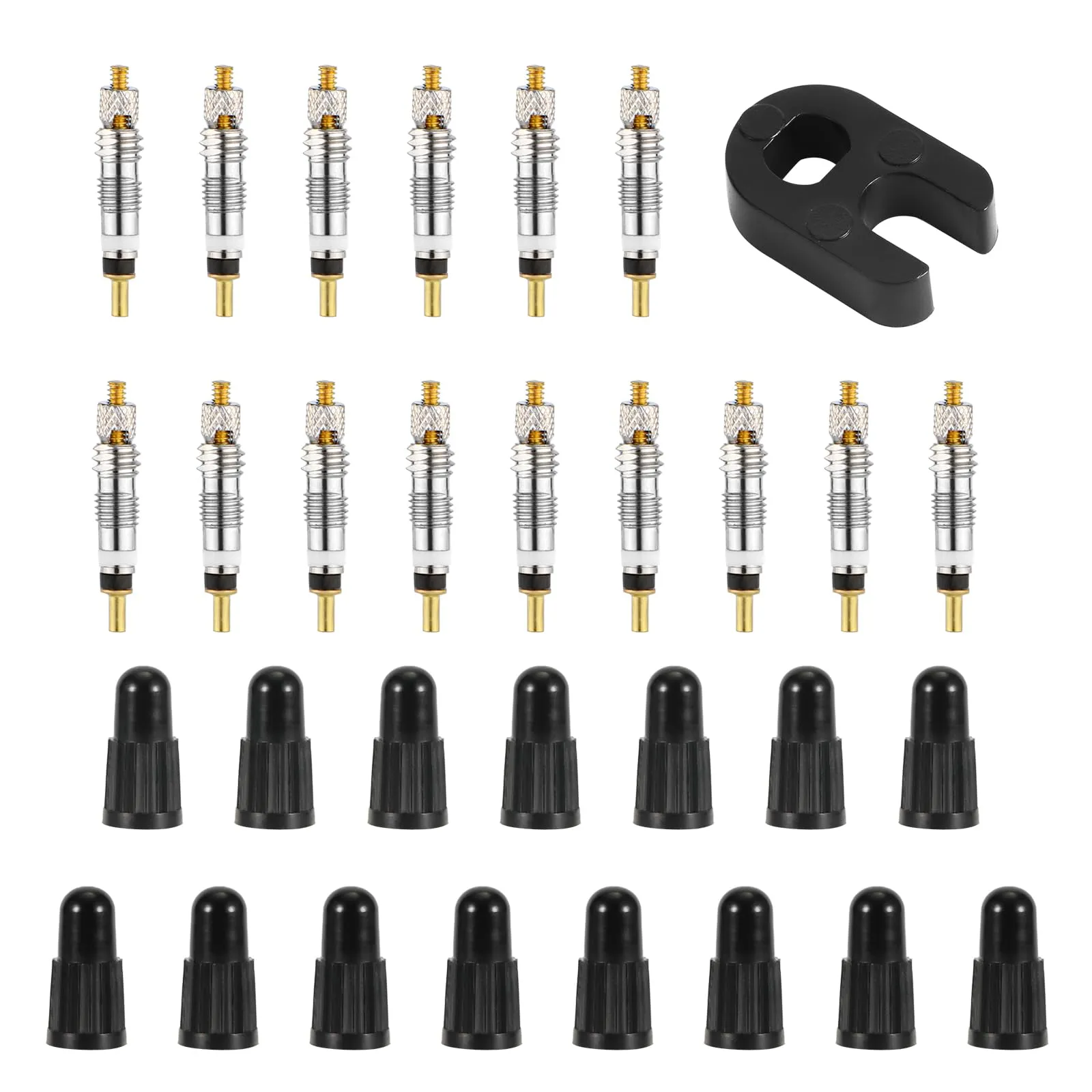 15pcs Presta Valve Core Kit with Dismantle Tool & Caps - Durable Brass for Tubeless Bike Tires