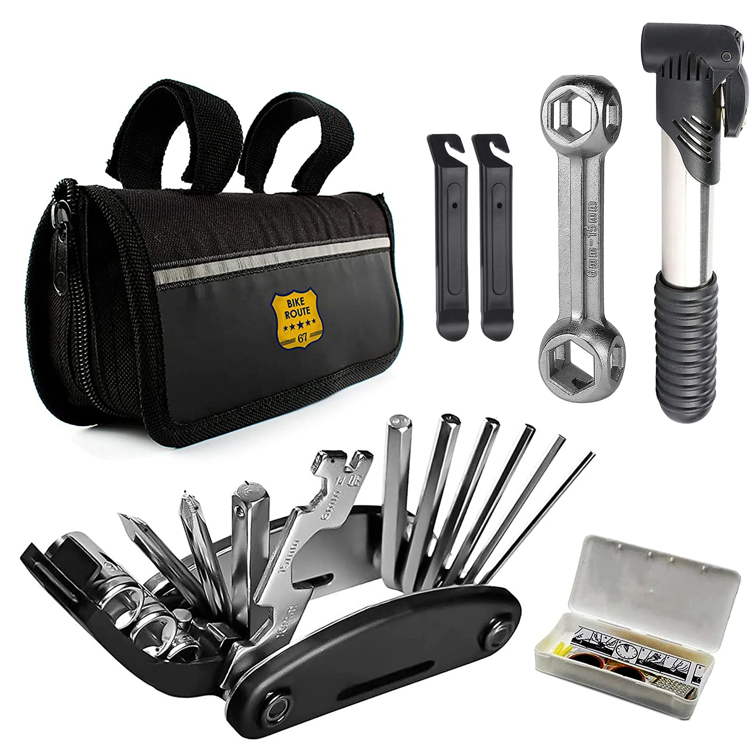 16-in-1 Bike Repair Kit with Mini Hand Pump - Tire Patch Kit for Mountain & Road Bikes