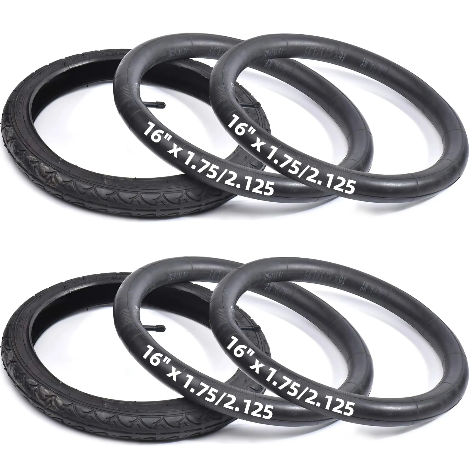 16'' Inner Tubes and Tires Set for Strollers and Kids Bikes - 4 Tubes + 2 Tires, Fits 1.75-2.125'