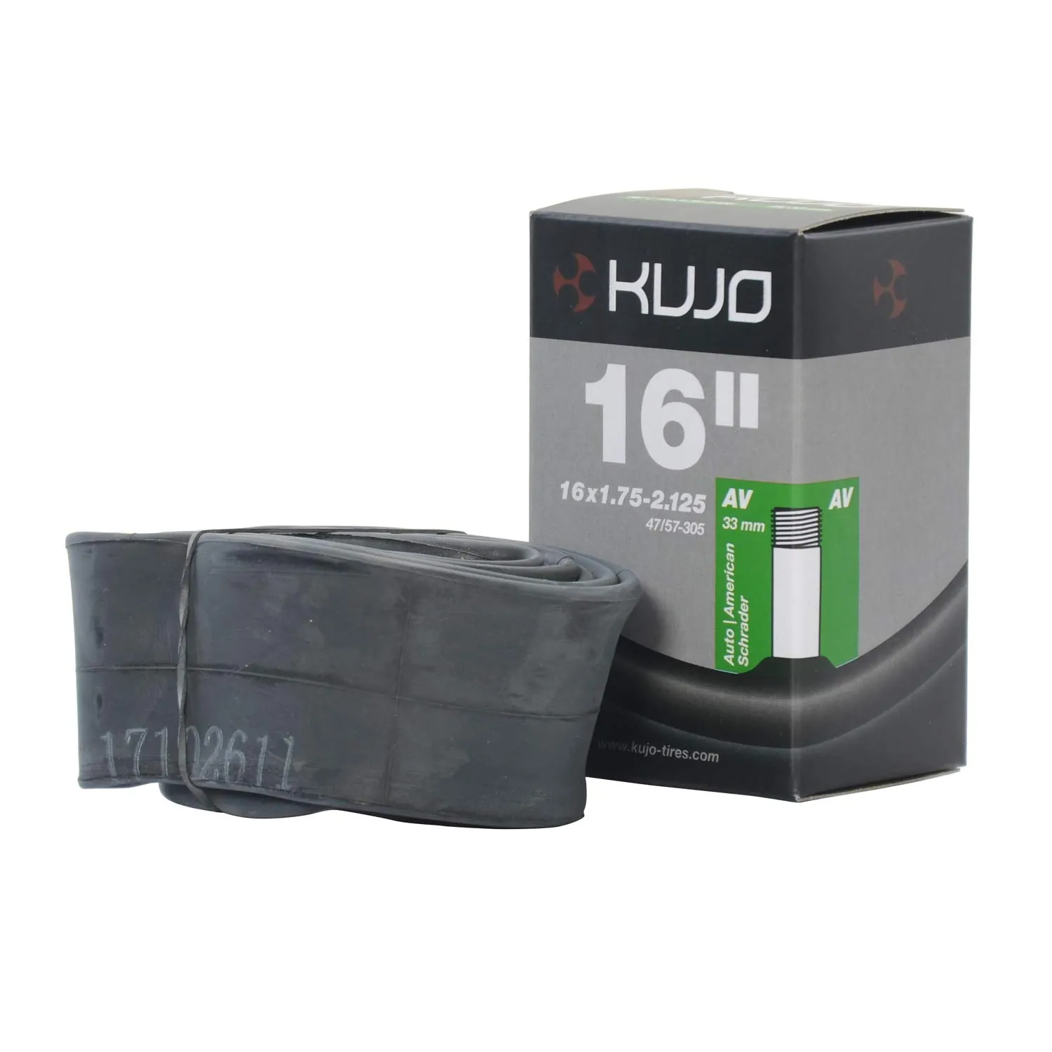 16 x 1.75 / 2.125 in Kujo Bicycle Tube - Butyl Rubber, Black, 33 mm Schrader Valve, With Cap