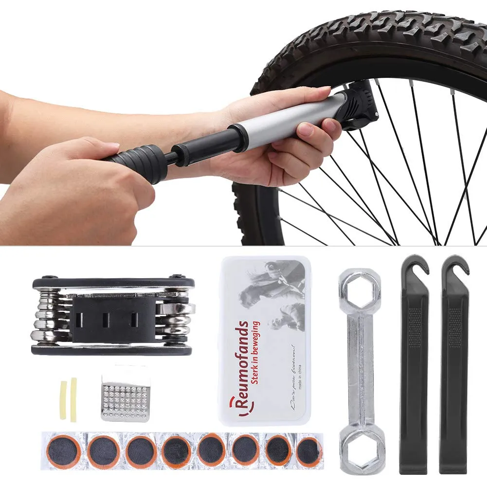 16Pcs Bicycle Repair MultiTool Kit with Air Pump, Hex Wrench, Tire Repair Patches - Tissting