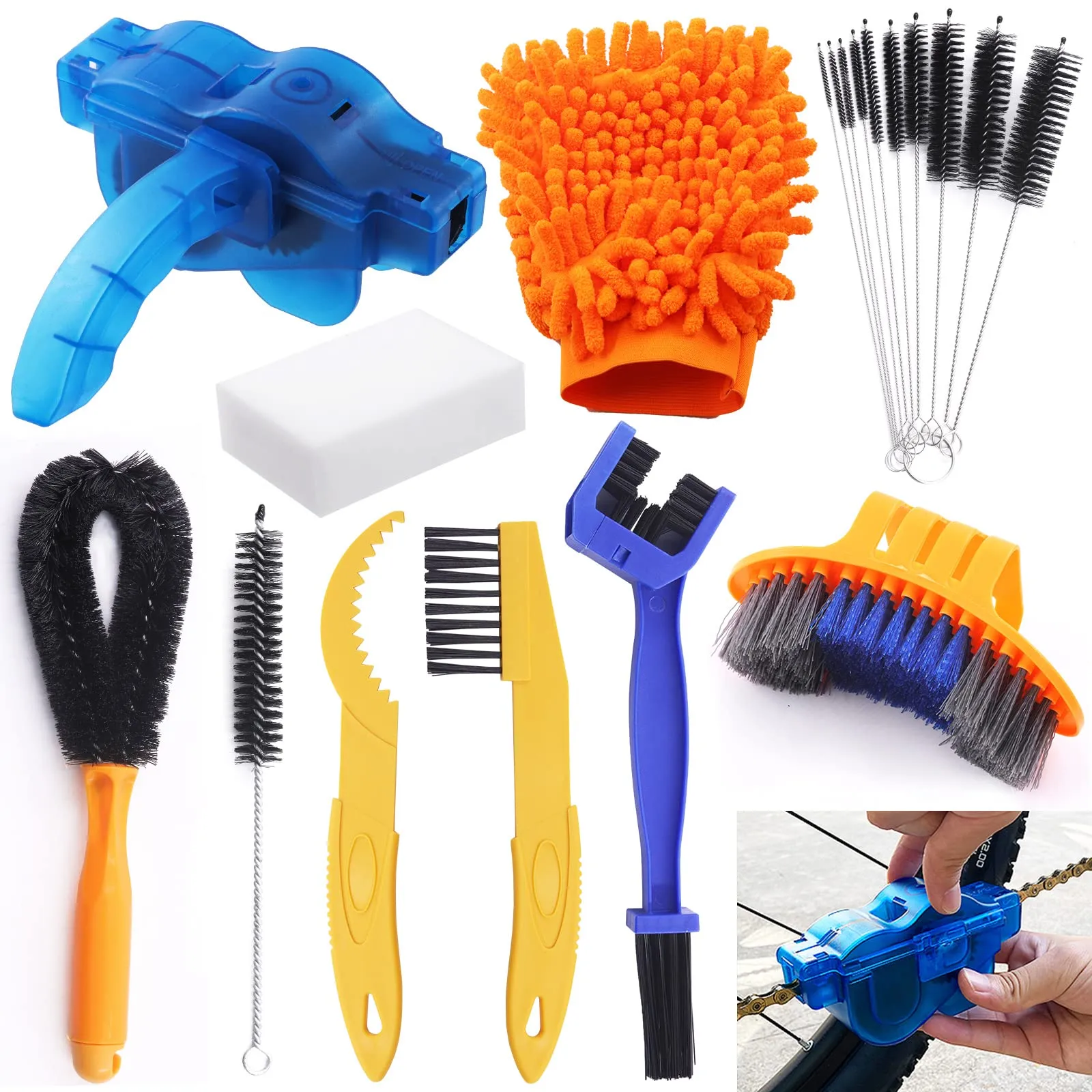 19Pcs Professional Bike Cleaning Tool Kit - Stainless Steel Brushes & Sponge for All Bicycles