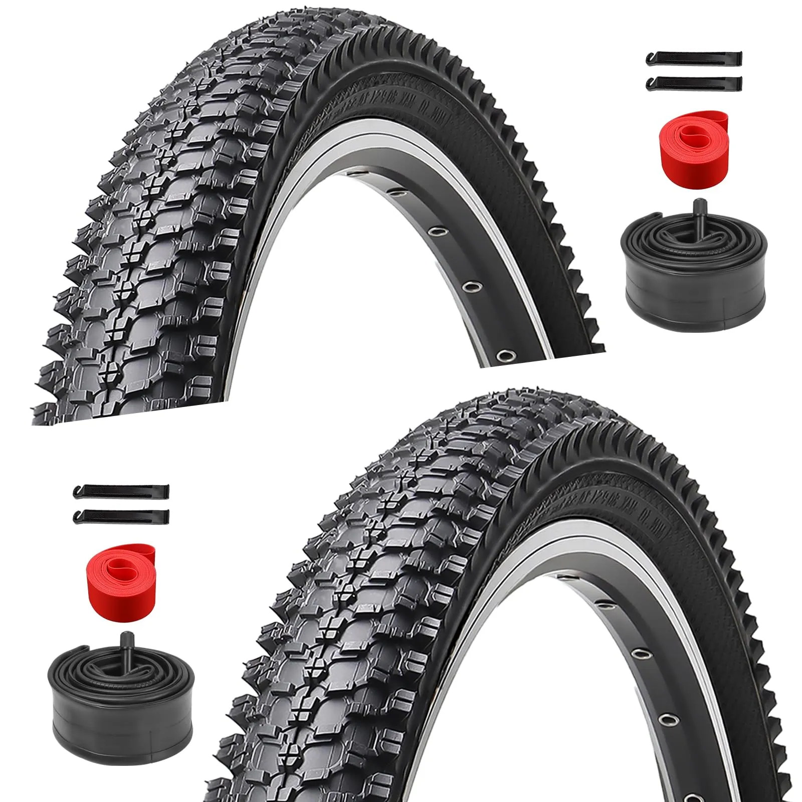 2-Pack 26 Inch Bike Tires with Inner Tubes, Levers & Rim Strips - Durable Mountain Bike Tires
