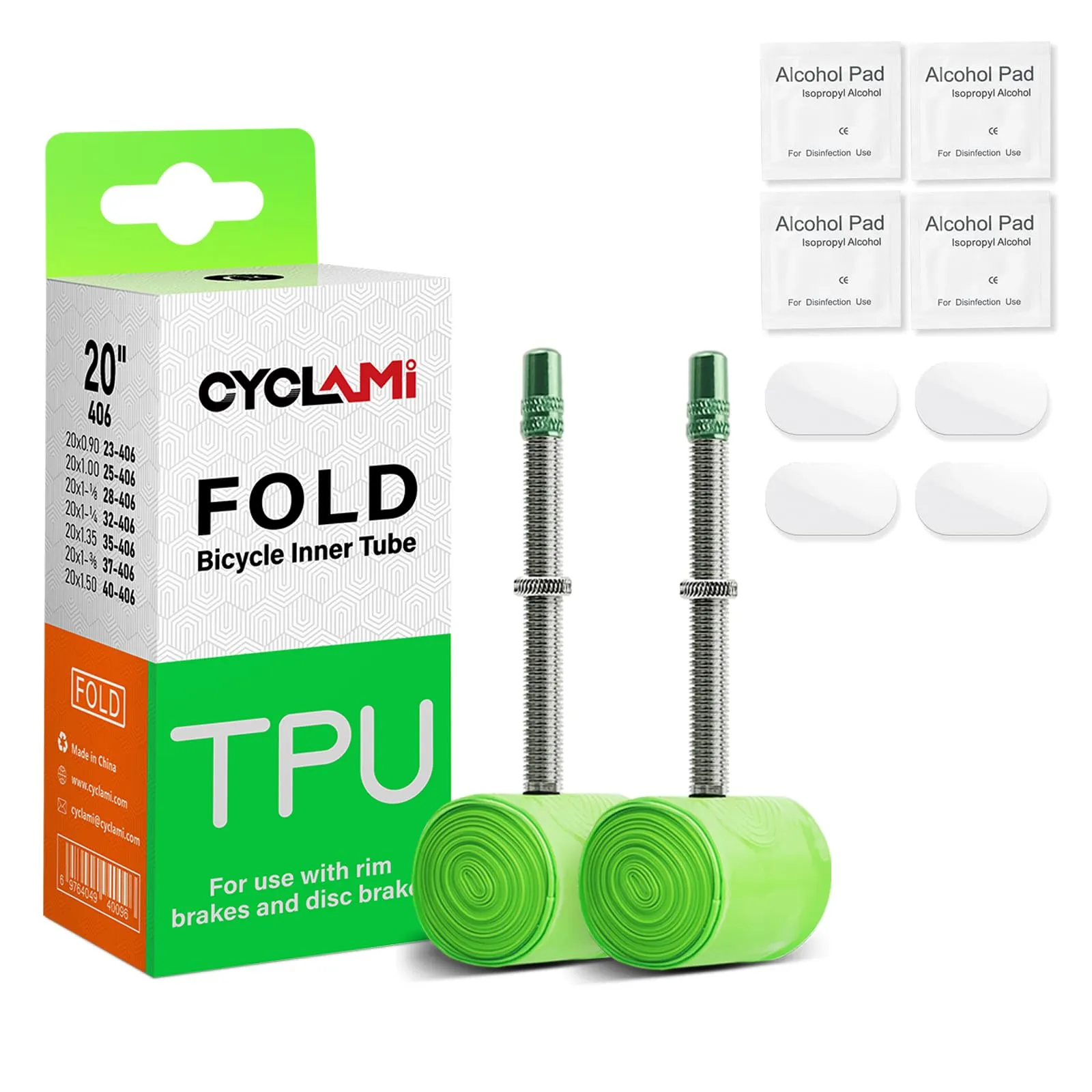 2-Pack CYCLAMI Folding Bike TPU Inner Tubes 20'' (406) x 23-40C with 60mm Presta Valves & Repair Kit