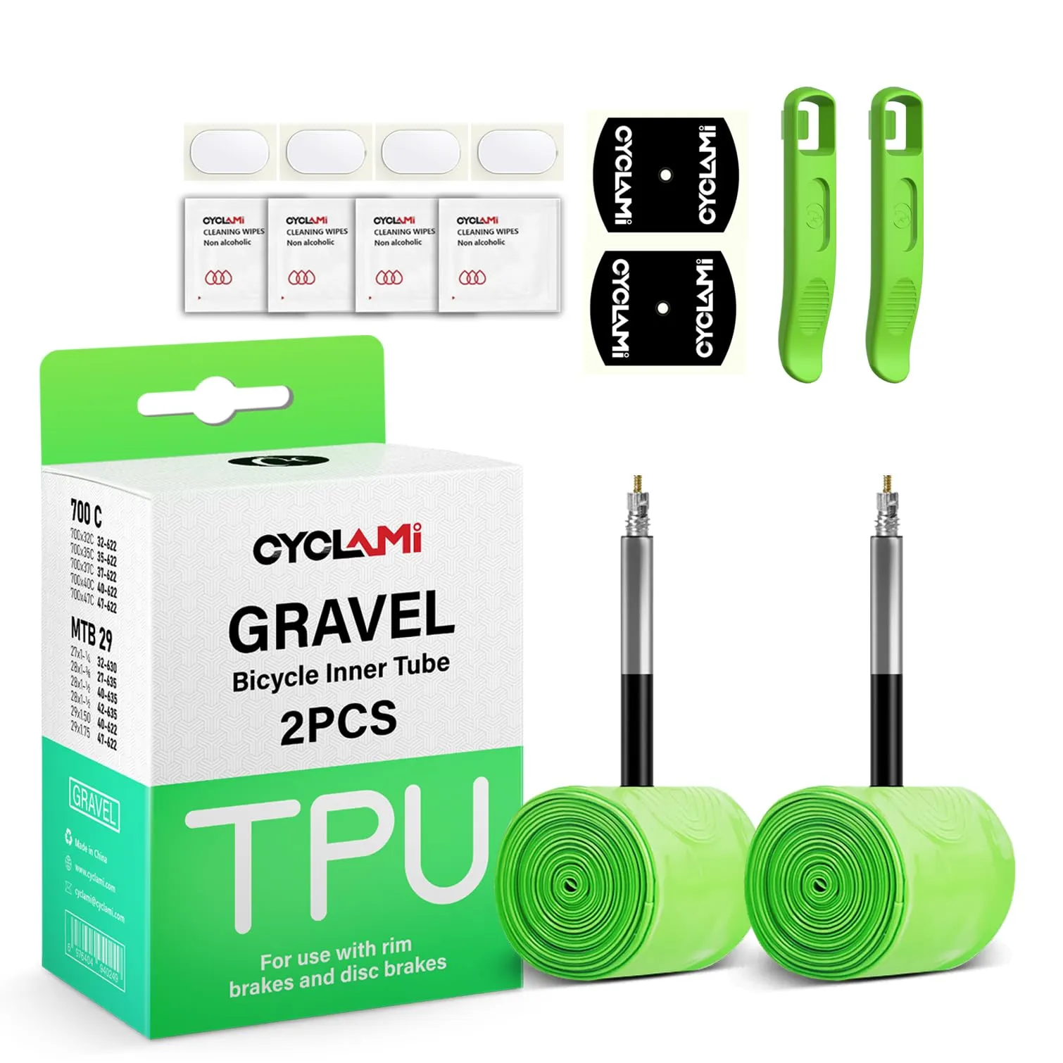 2-Pack CYCLAMI Ultra-Light 700c x 18-32c / 32-47C TPU Bike Inner Tubes with Patch Kit & Tire Levers