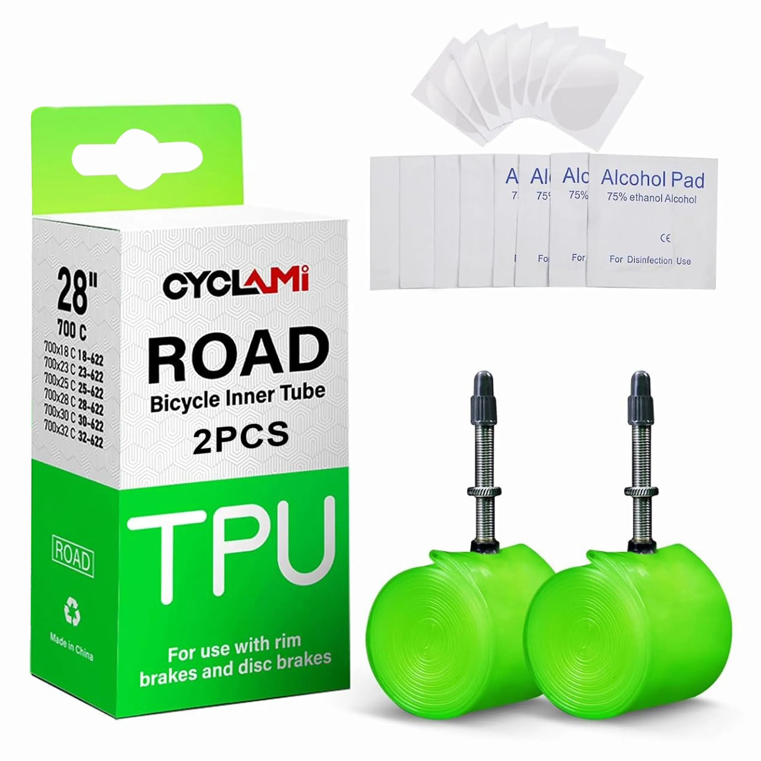 2-Pack Lightweight Bike Tubes for 700C Road Bikes, TPU Material, 60mm Valve, Includes 8 Tire Patches