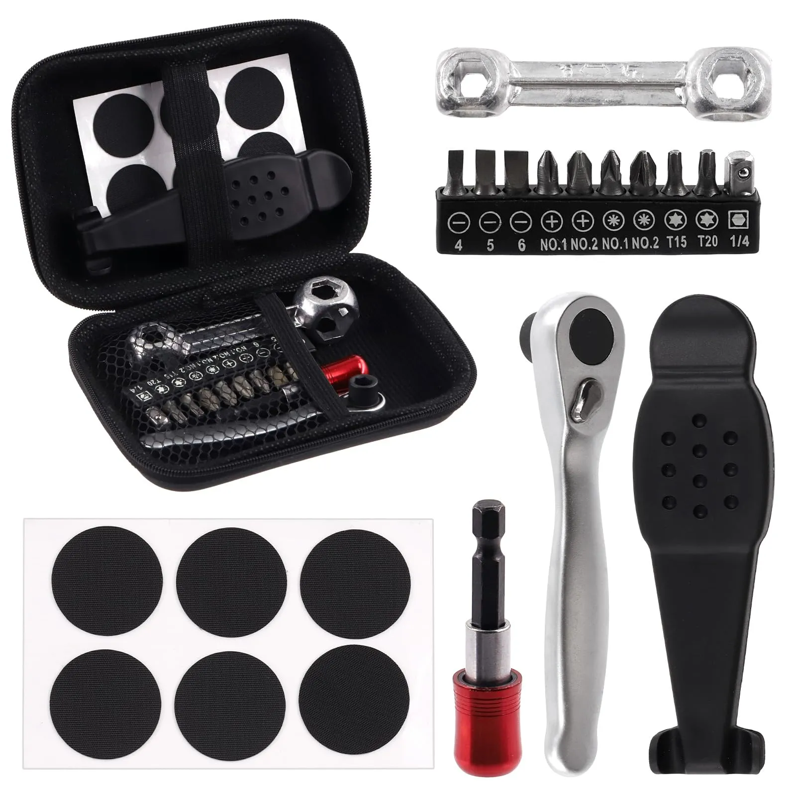 20Pcs Bike Repair Tool Kit with Bone Wrench, Ratchet Wrench, Drill Bits, Tire Lever & Patches