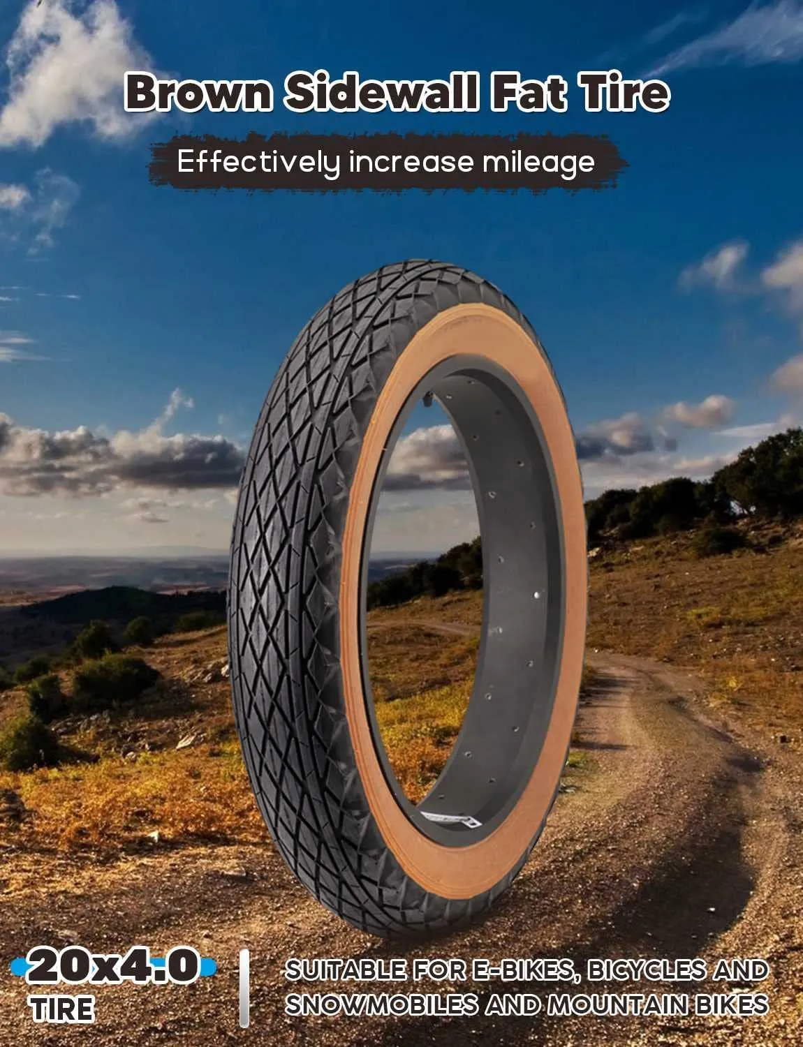 20x4 Fat Tire for EBikes Puncture Resistant Brown Sidewall 20 Inch Compatible with Most