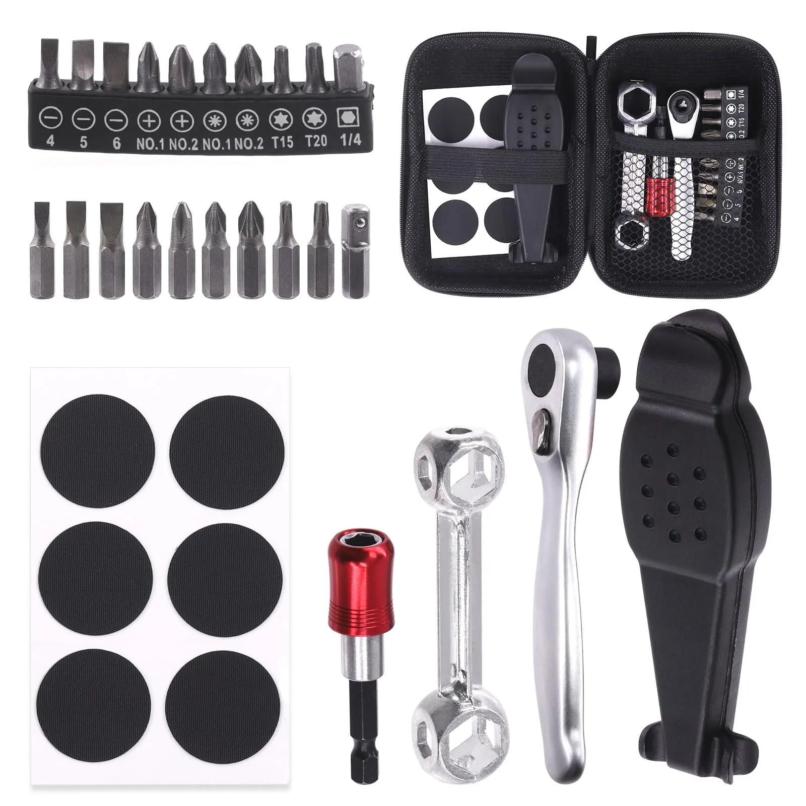 21Pcs Bike Repair Tool Kit - Multi-Function Set with Ratchet Wrench, Tire Levers, and Patches
