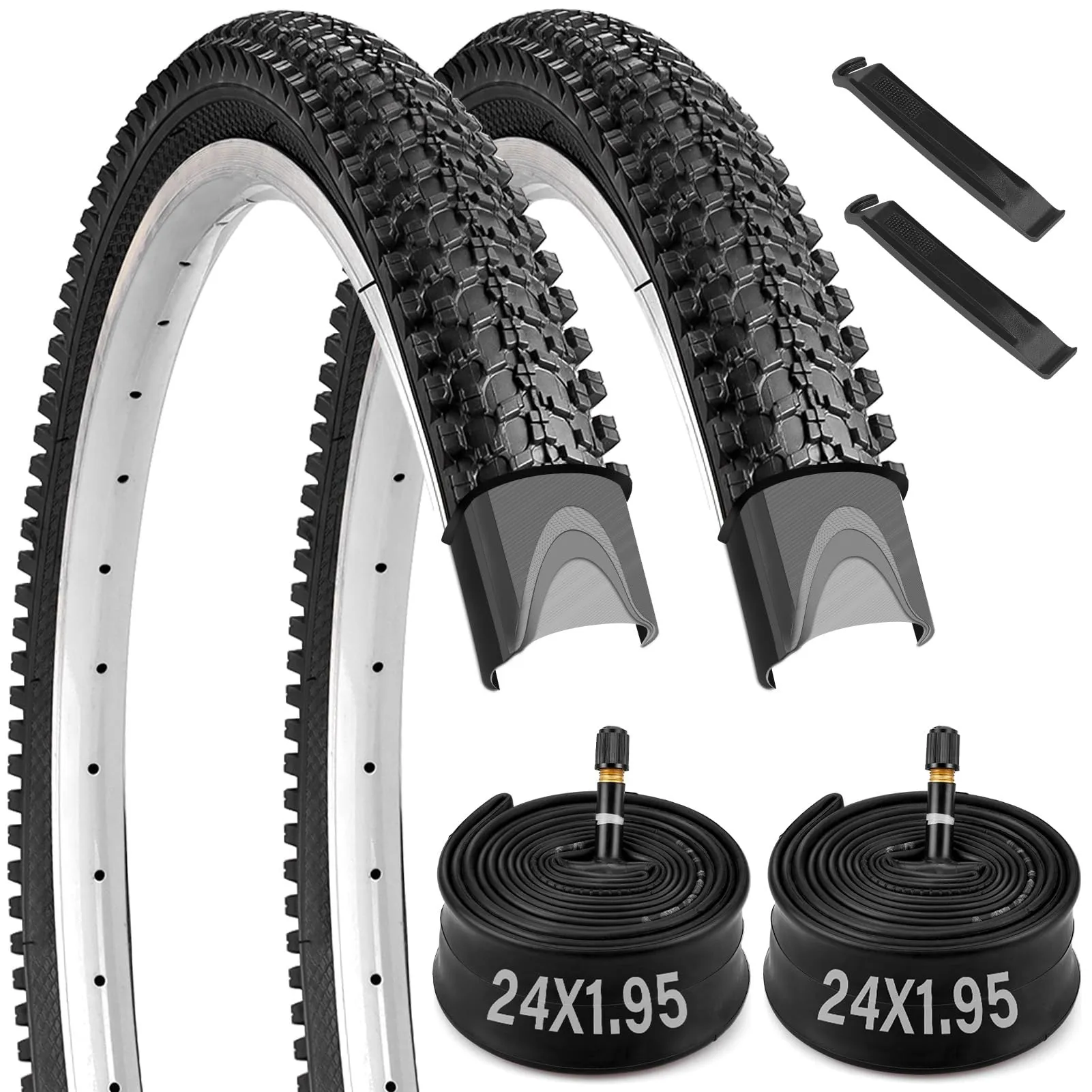 24 Inch Bike Tire 2 Pack, 24 x 1.95 Durable Mountain Bike Tire with Schrader Valve & Tire Levers