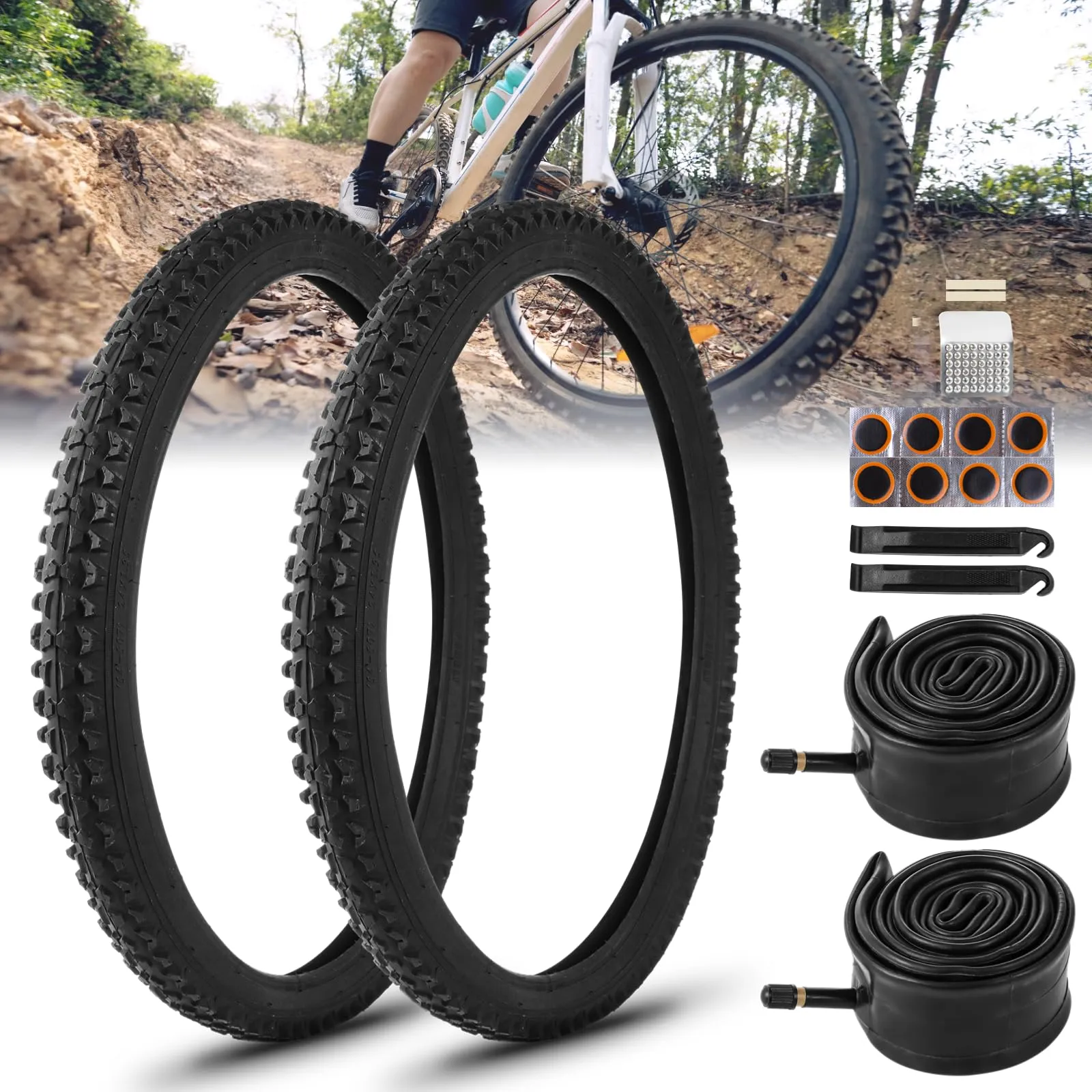 24” x 1.95“ Mountain Bike Tires with Repair Kit, Puncture Resistant, Folding Portable, 2 Inner Tubes