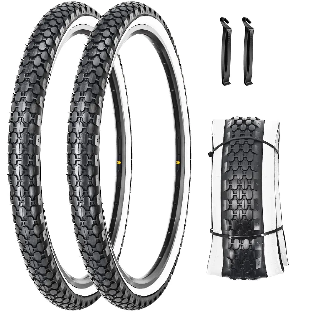 24'x2.125' Cruiser Bike Tire Pair - White/Black Wall, Durable Rubber, Easy Install, Includes Levers