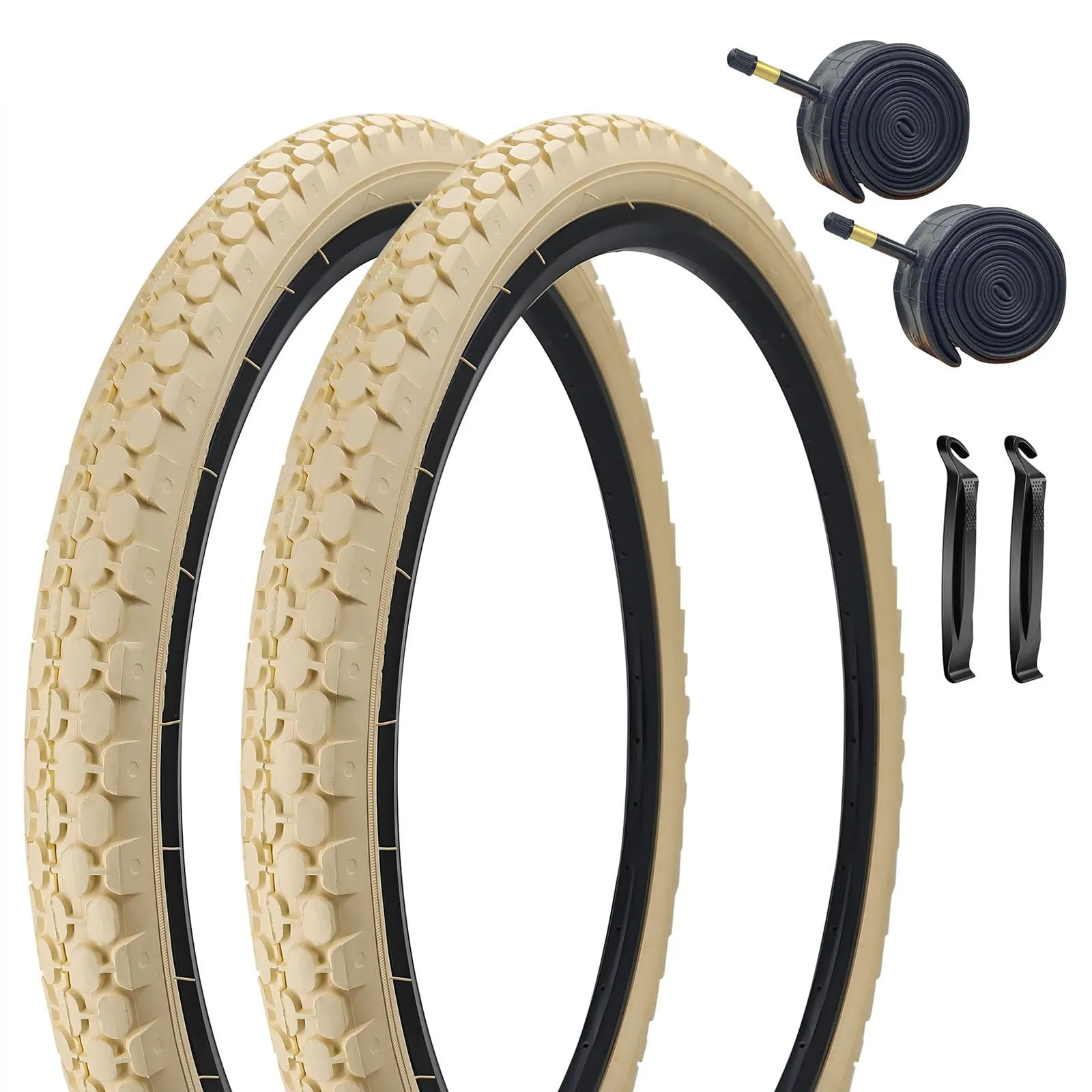 26' Cream Bike Tire Set - 2 Pack Folding Replacement with 32MM Schrader Valve for Beach Cruisers