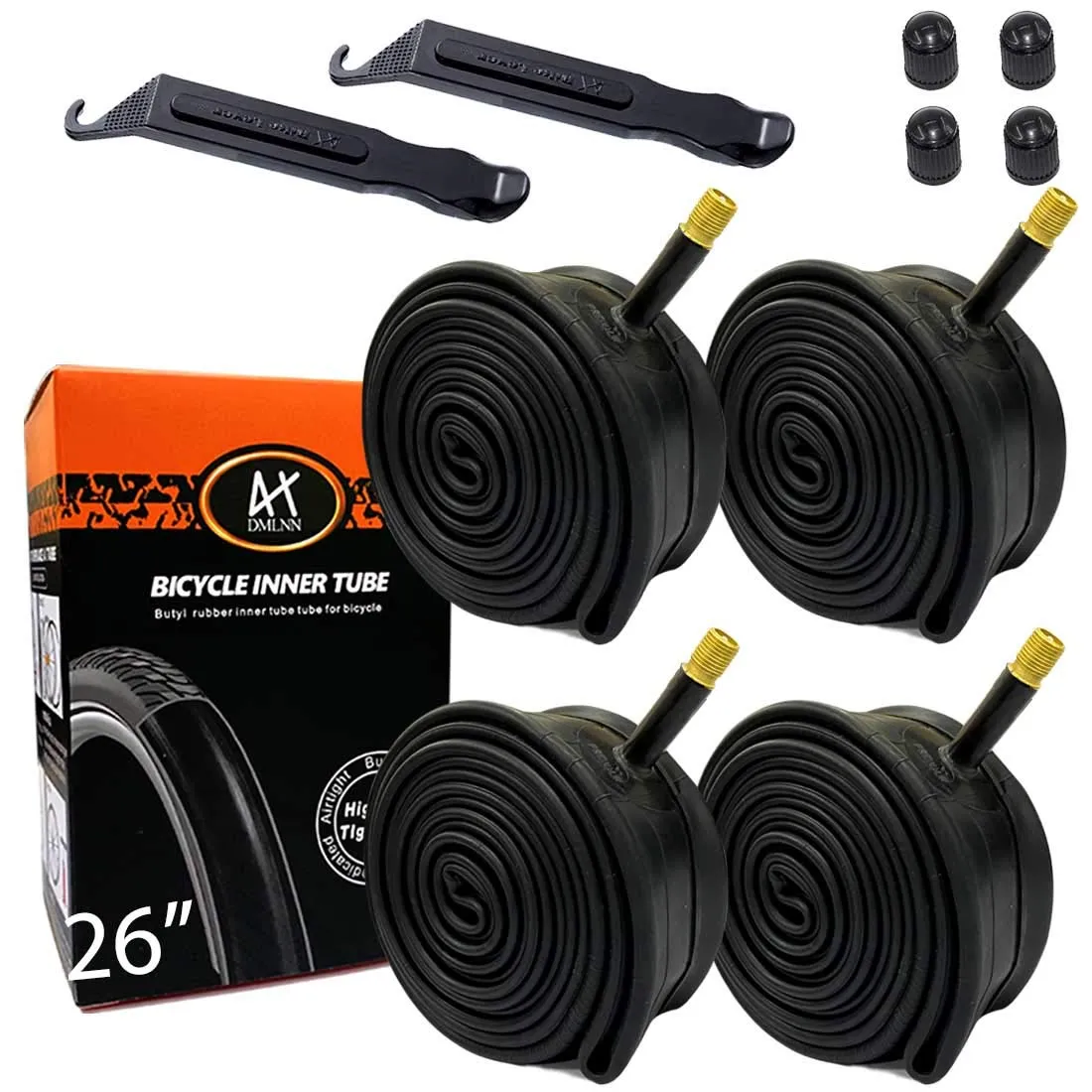26 Inch Inner Bike Tubes, 4-Pack Schrader Valve, Fits 26x1.75 to 2.125, Includes Tire Levers