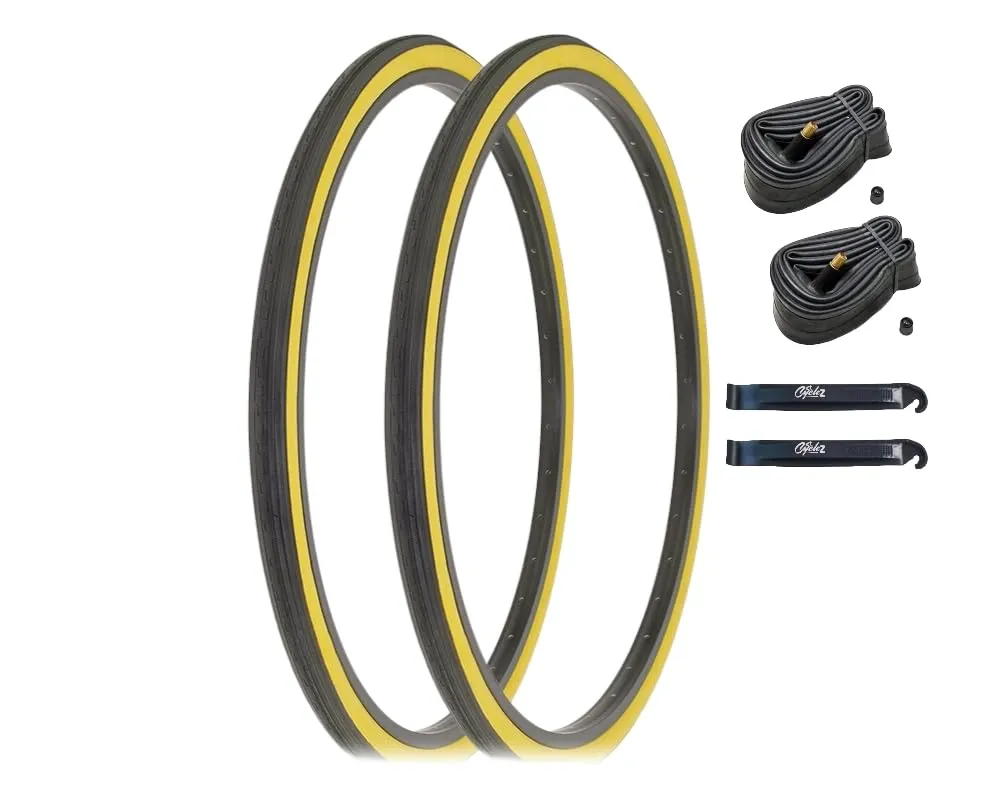 26' x 1 3/8 Bicycle Tire Kit - Classic Black/Gumwall, 2 Inner Tubes & Premium Tire Lever Tools