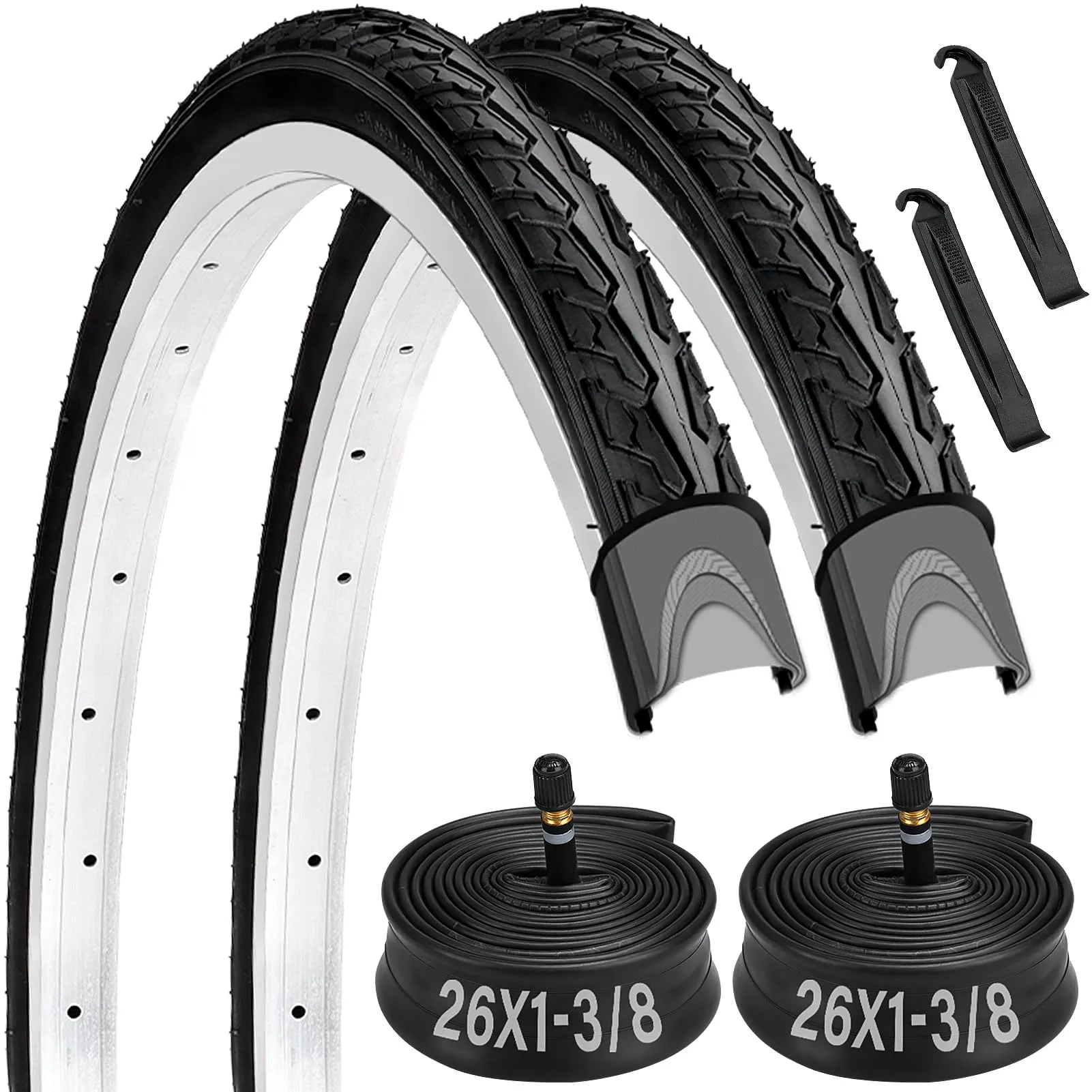 26'' x 1 3/8 Bike Tire 2 Pack - High Quality Road Bike Tires with Schrader Valve & Tire Levers