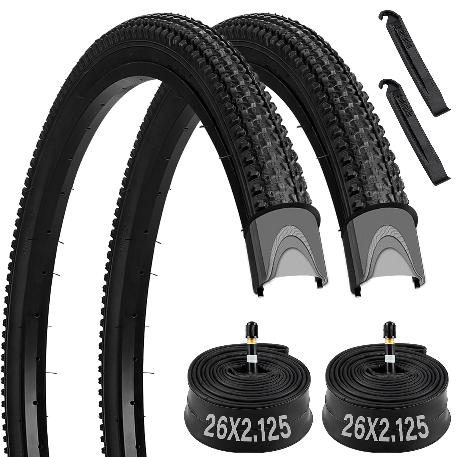 26x2.125 Bike Tire and Tube Set with Levers - Durable, Lightweight, Excellent Grip, 2 Pack