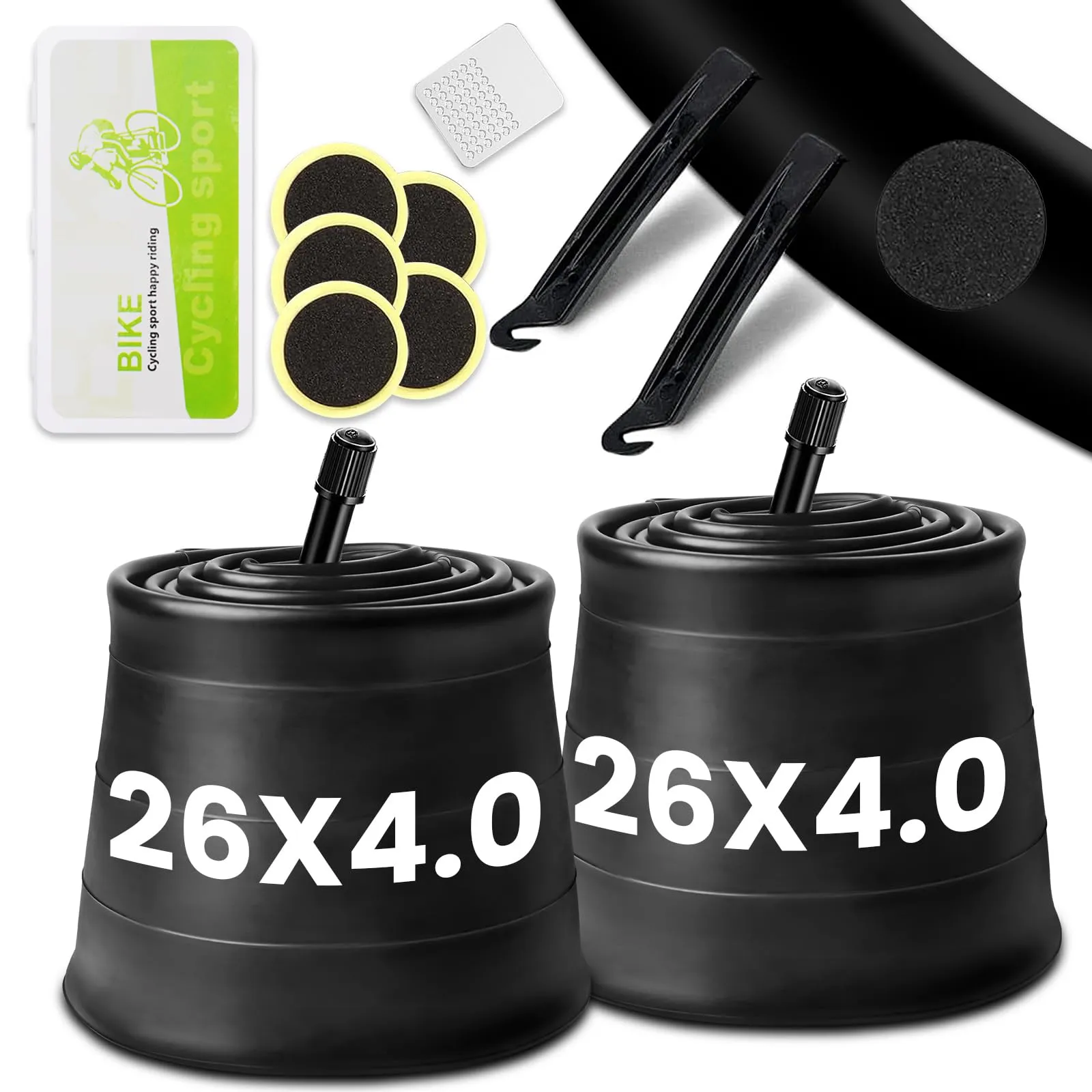 26x4.0 Fat Bike Tube 2 Pack with AV 32mm Schrader Valve & Repair Kit - Durable Butyl Rubber
