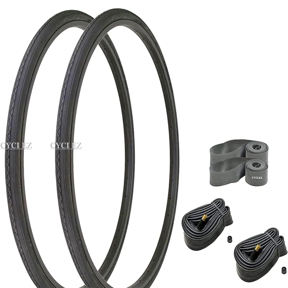 27 x 1 1/4 Classic Wired Clincher Bicycle Tire Kit - Solid Black Smooth Tread for Road & Touring Bikes