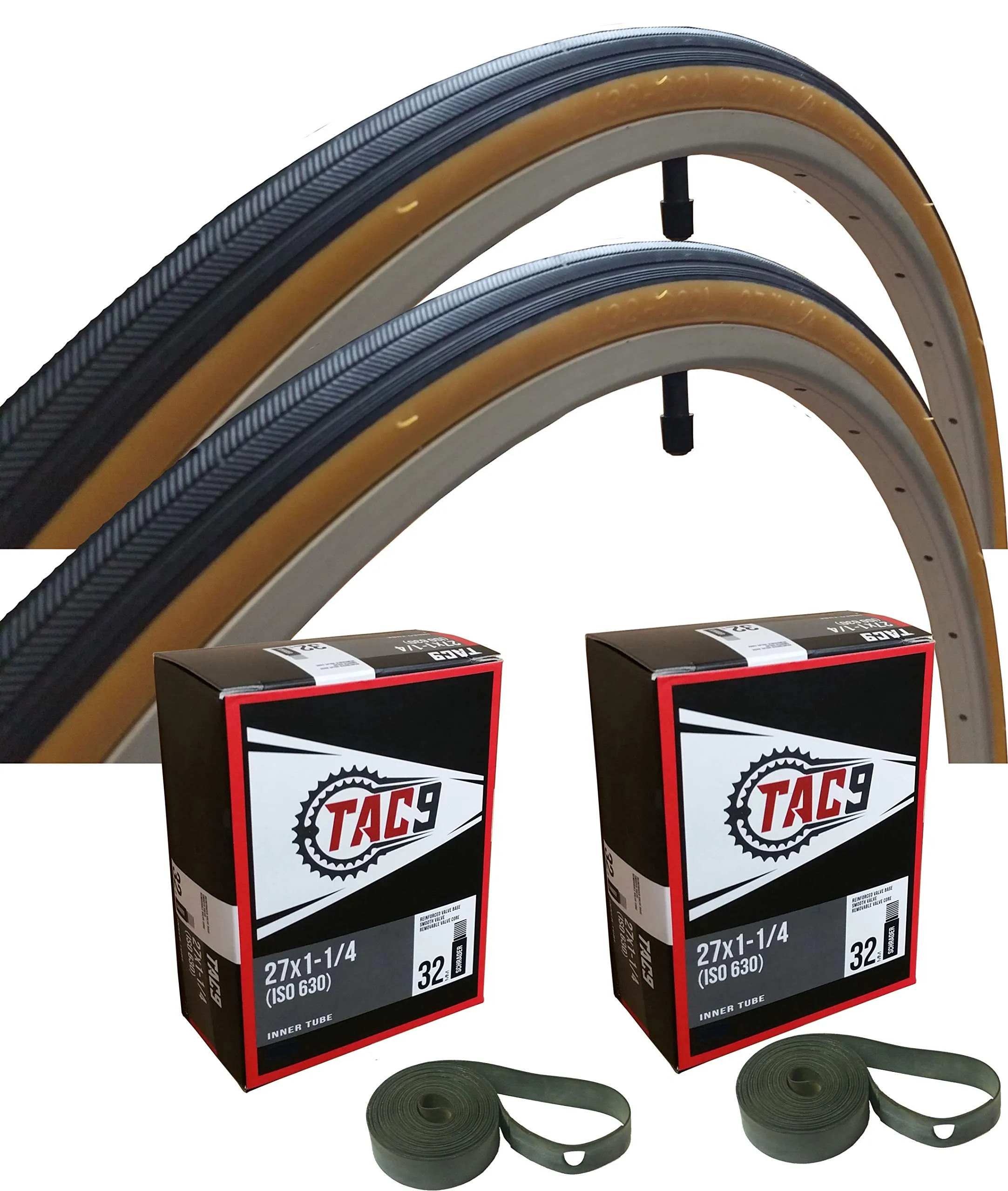 27x1-1/4 Bike Tire, Tube & Rim Strip by TAC 9 - Kenda K35 - Max Pressure 90psi - Ideal for Vintage Bikes
