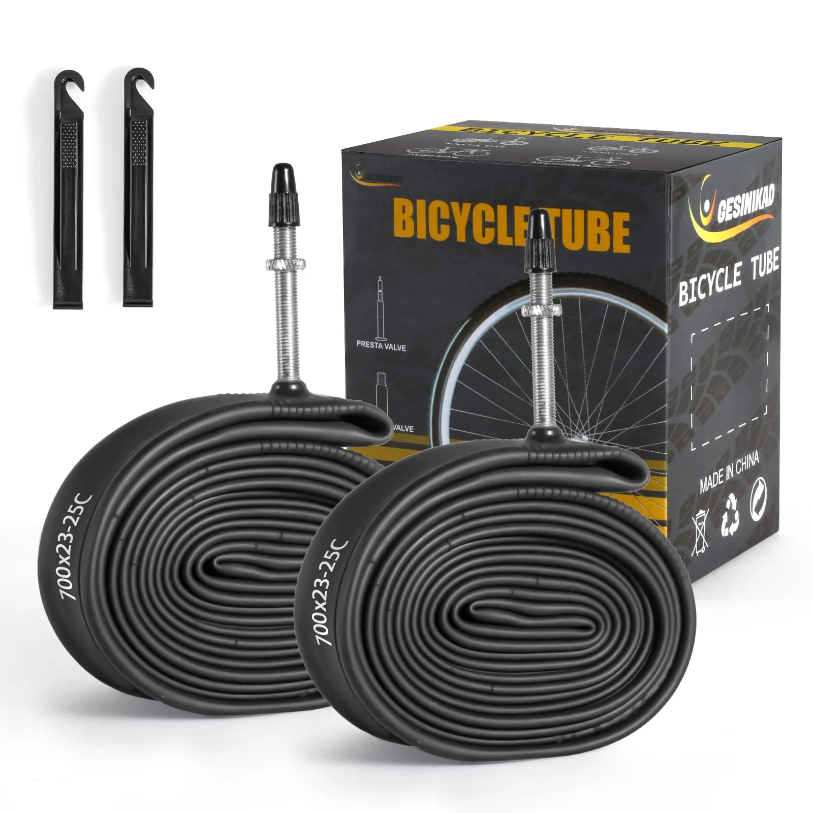 2 Pack 700 x 23-25C Road Bike Tubes with 48mm Presta Valve & Tire Levers for Easy Installation