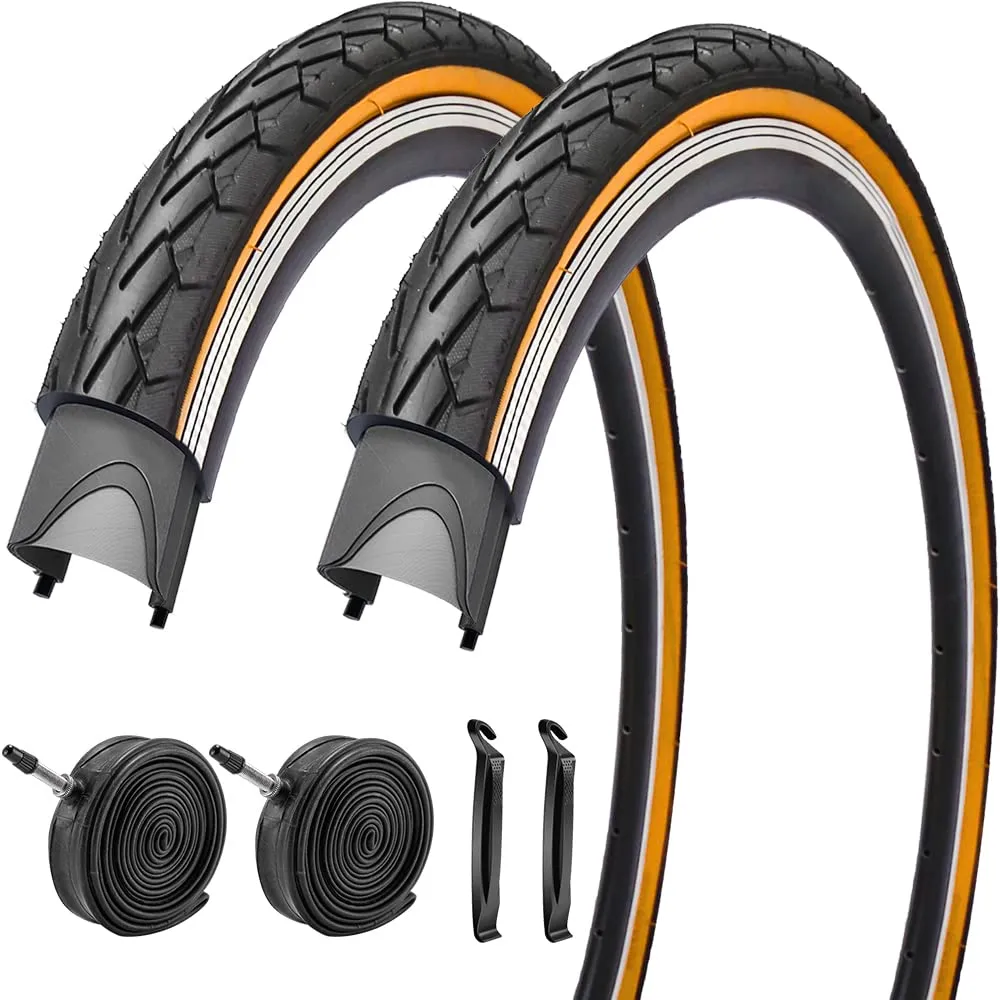 2 Pack 700x35C Brown Wall Road Bike Tires with 2 Levers and Presta Valves for City Commuting