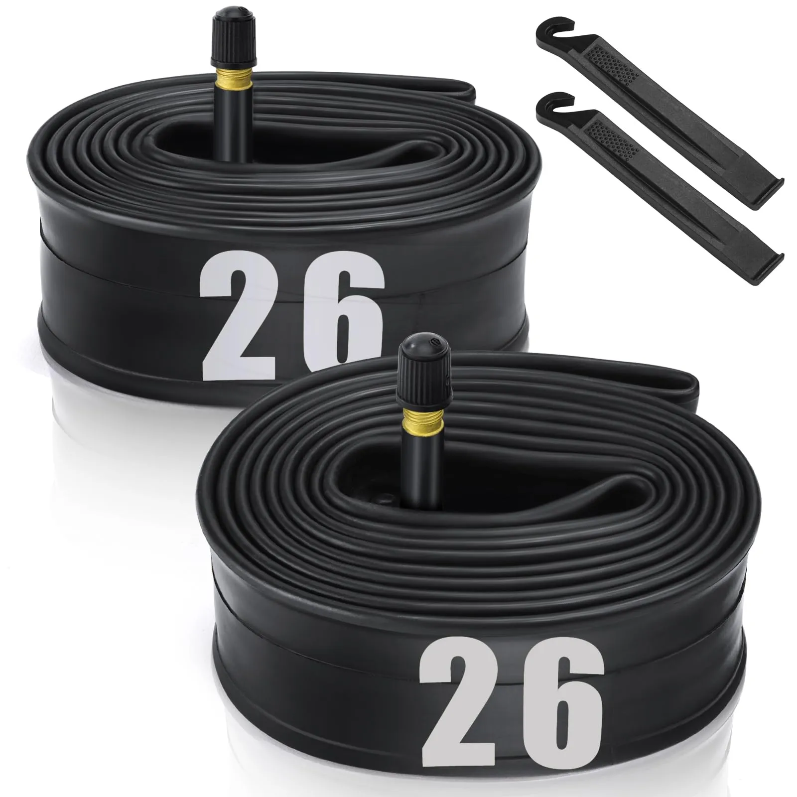 2 Pack Bicycle Tube 26'x1.75-2.125 with 32mm Schrader Valve, Butyl Rubber, 2 Tire Levers Included