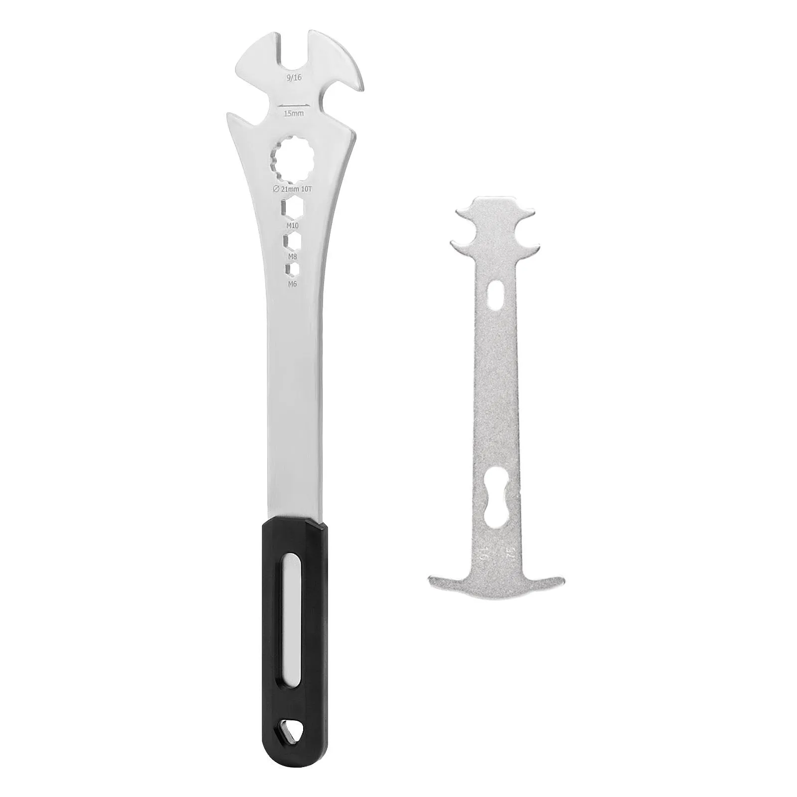 2 Pcs Bike Pedal Wrench Set with Chain Wear Gauge - Stainless Steel and PVC Grip (Silver+Black)