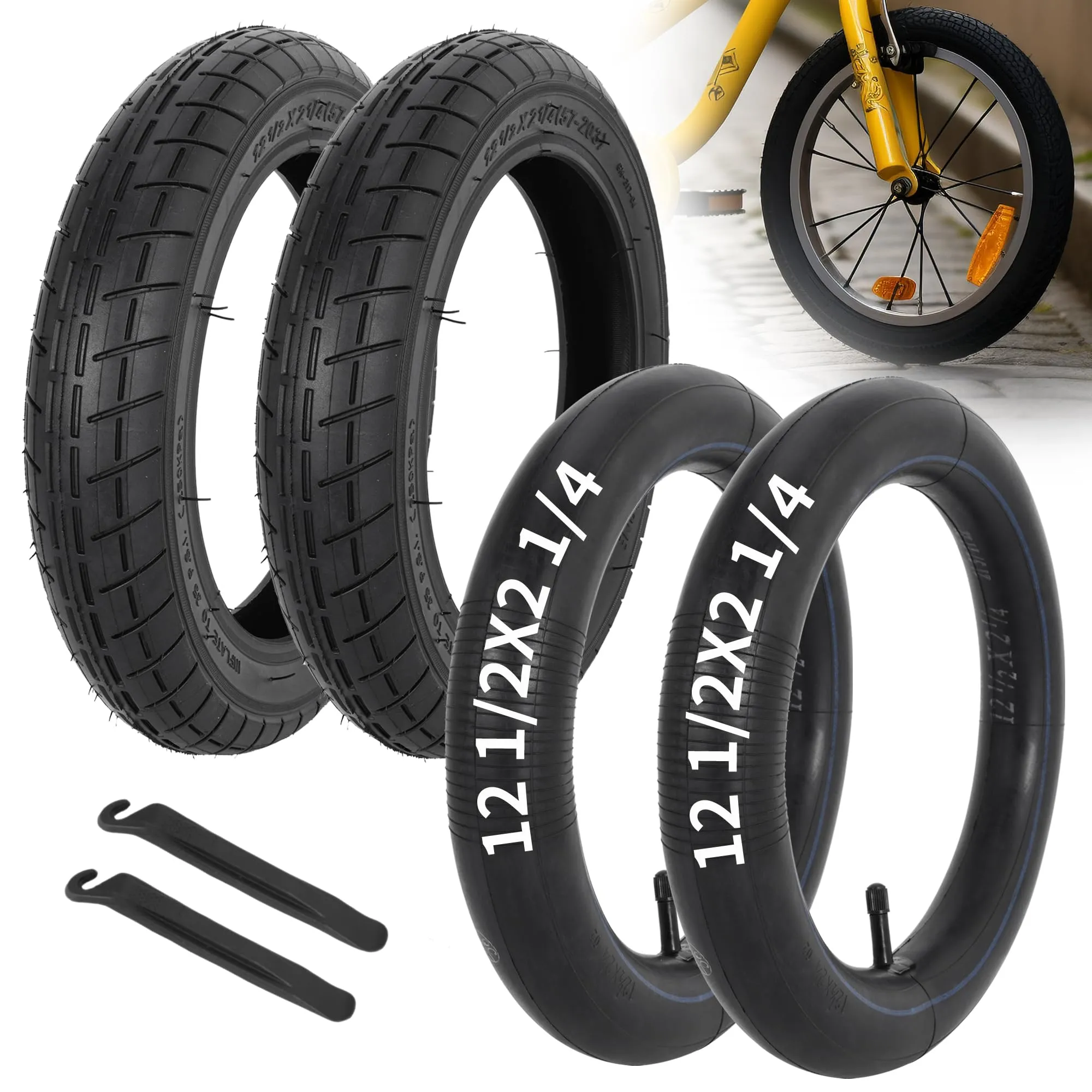 2 Sets of 12.5x2.25 Bike Tires & Tubes - Durable Replacement for Kids BMX Bikes & Strollers