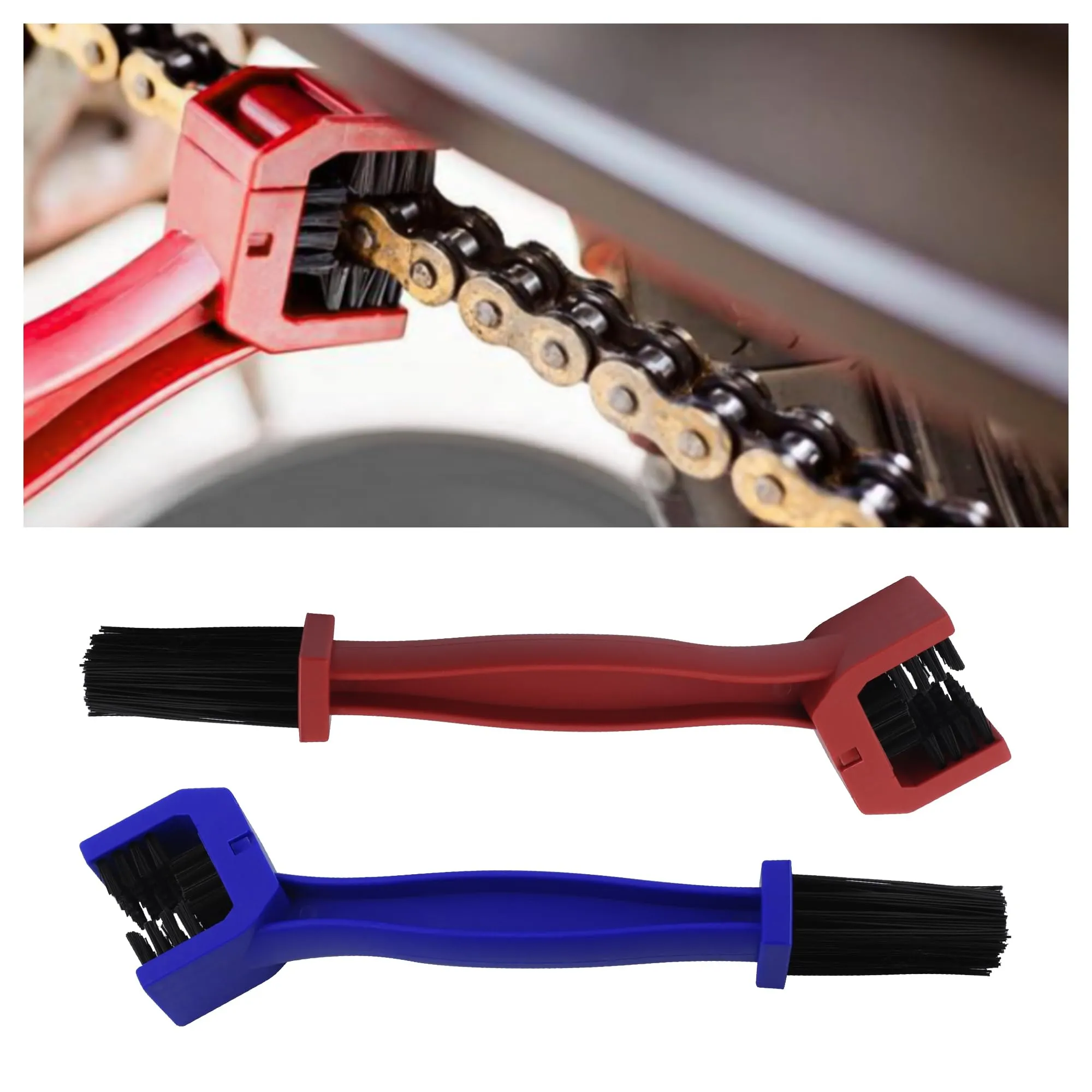 2PCS Double-Ended Motorcycle Chain Brush Kit - Red & Blue, Durable Nylon Bristles for Easy Cleaning