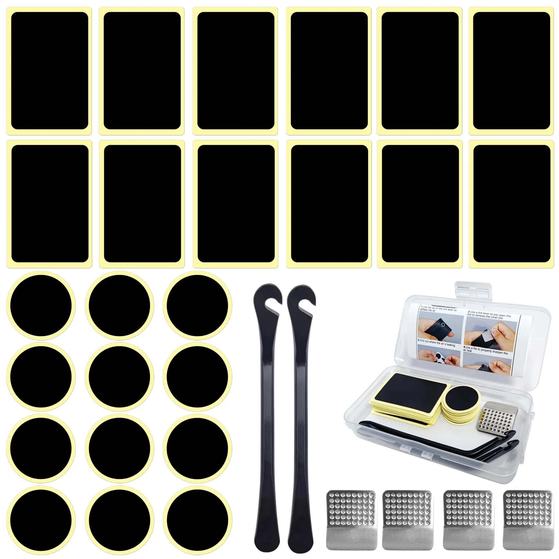 30 Pcs Bicycle Tire Repair Kit - Self-Adhesive Patches, Metal Levers & Rasps, Portable Box