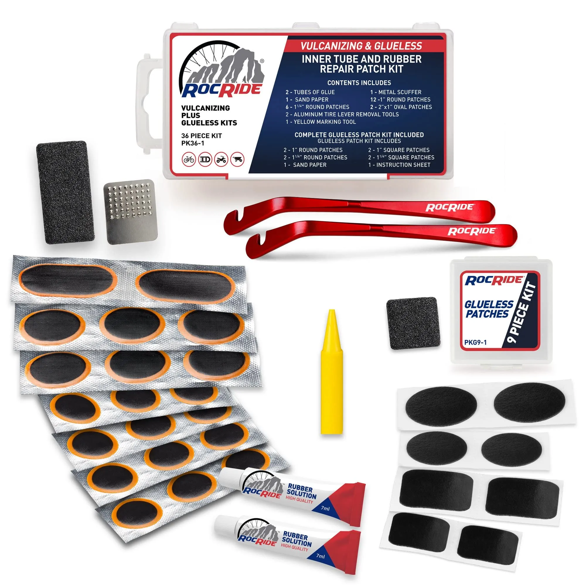 36-PC Bike Inner Tube Repair Kit with Vulcanizing & Self Adhesive Patches, Metal Tire Levers