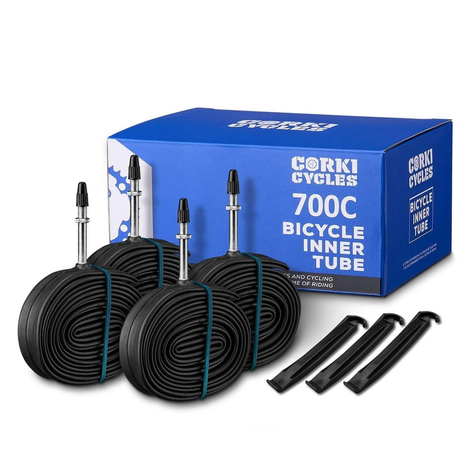 4-Pack Corki 700c Road Bike Tubes - Butyl Rubber, Presta/Schrader, 48mm/60mm - Fits 23c to 43c Tires