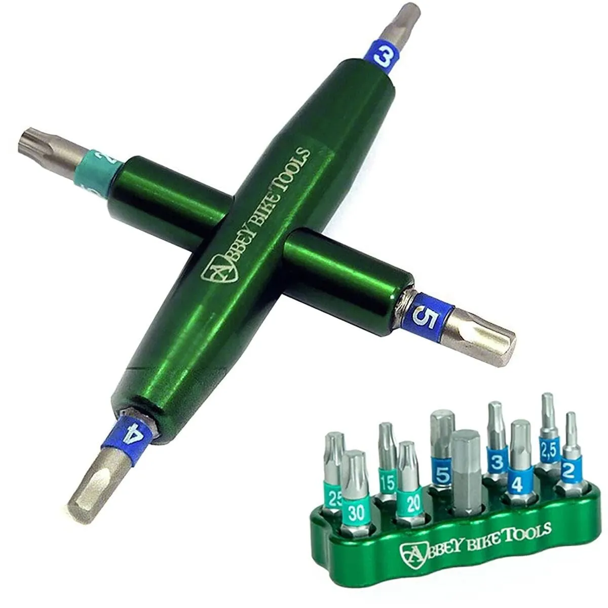 4-Way Multi-Tool with Bit Set - Compact Green Anodized Frame, Stainless Steel Bits, Made in USA