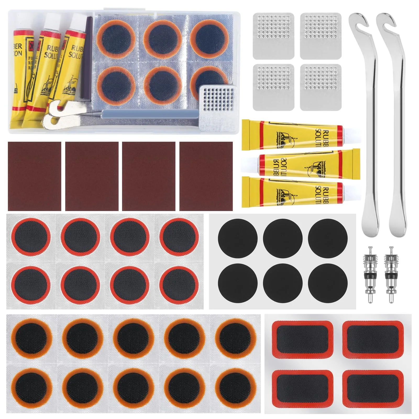 45PCS Bike Tire Repair Kit - 28PCS Vulcanizing Patches, 2 Stainless Steel Levers, MTB/BMX/Road
