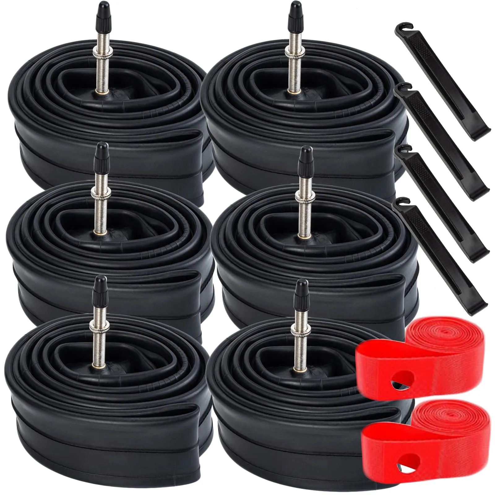 6 Pcs 700C Road Bike Tubes 700x18C/25C FV48mm Presta Valve with Rim Strips for Road & Mountain Bikes