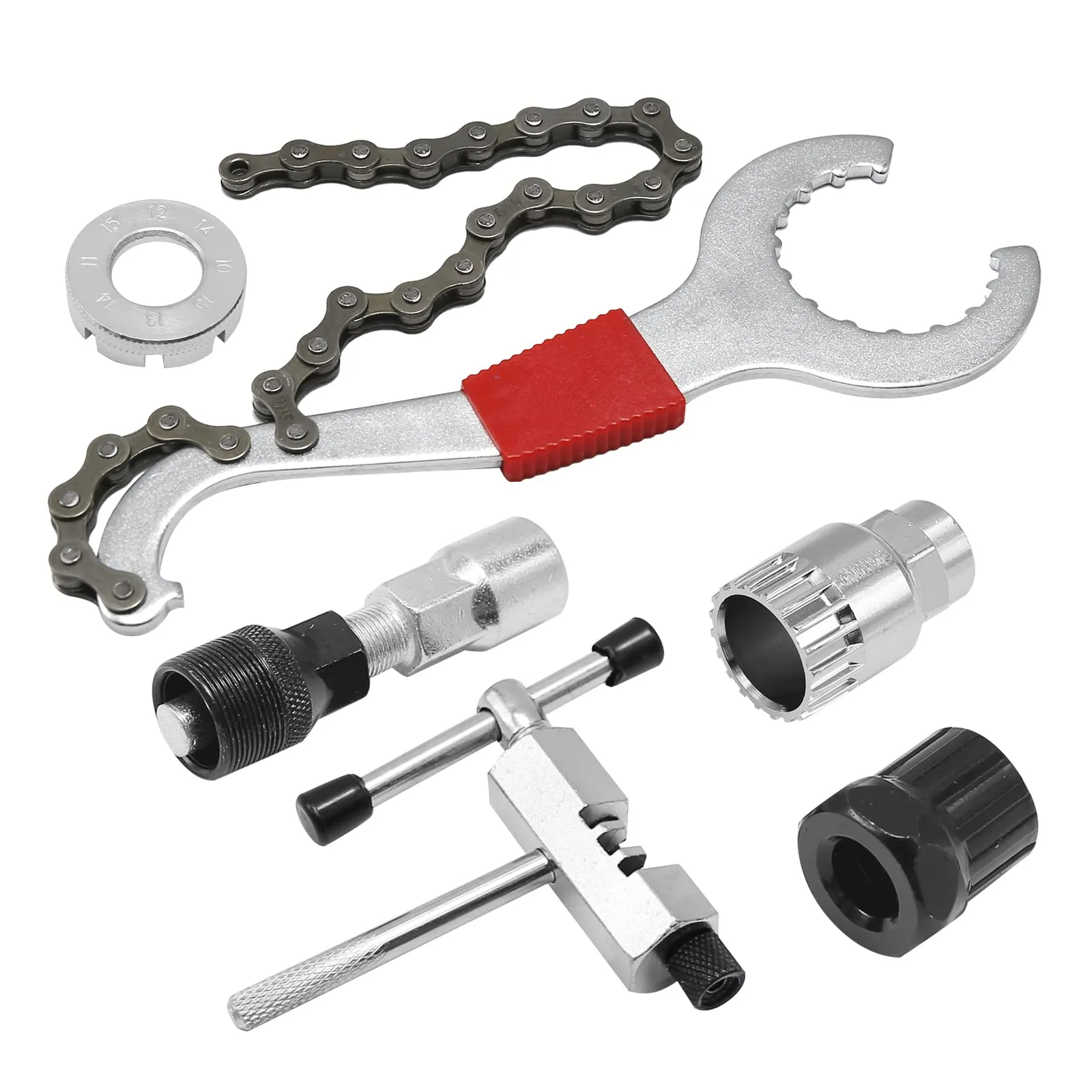 6 Pcs Bicycle Repair Tools Kit - Durable Sprocket Remover for Mountain & Road Bikes, Silver/Black/Red