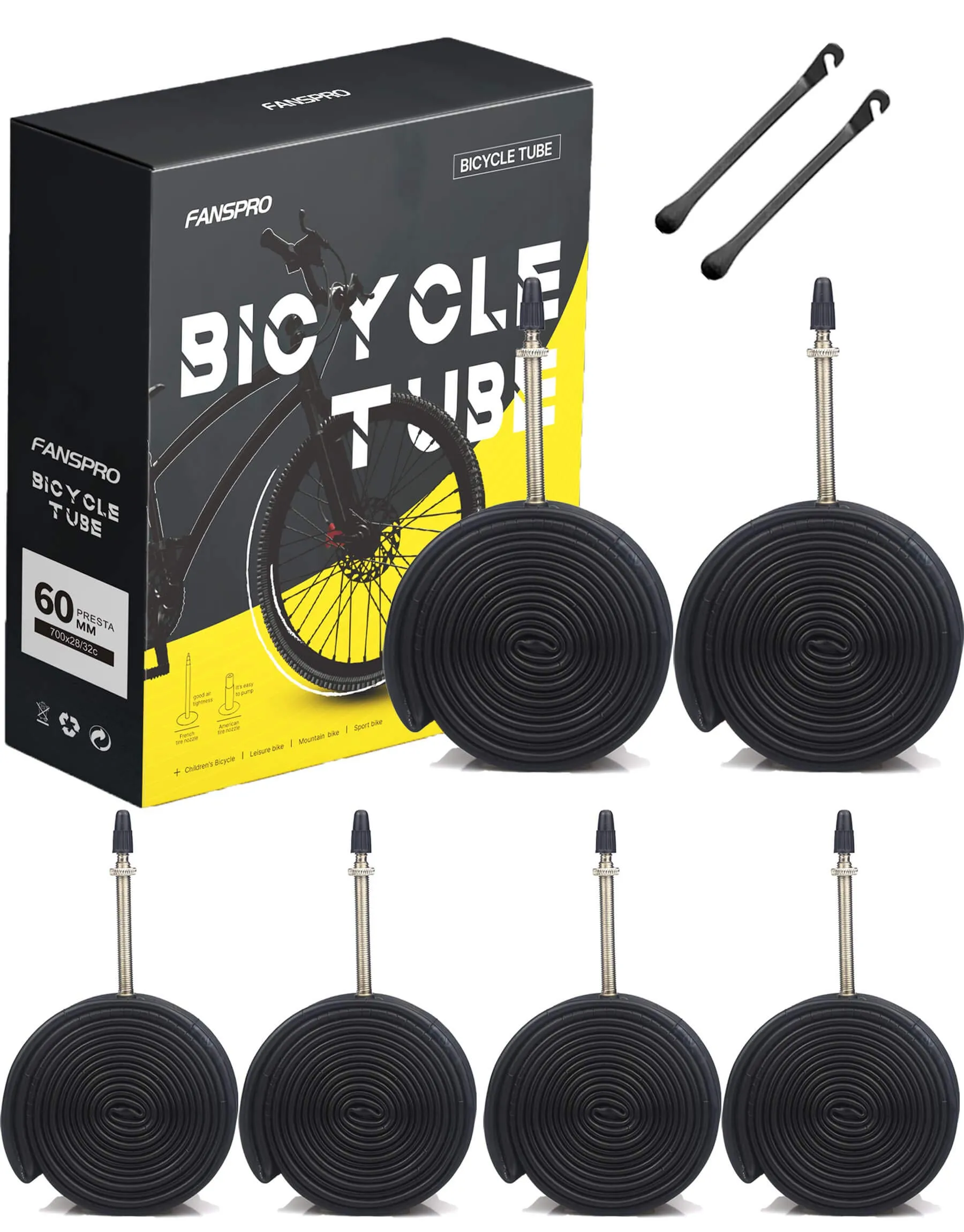 700 x 28-32c Premium Butyl Inner Tubes 6 Pack with 60mm Presta Valve & Tire Levers by FANSPRO