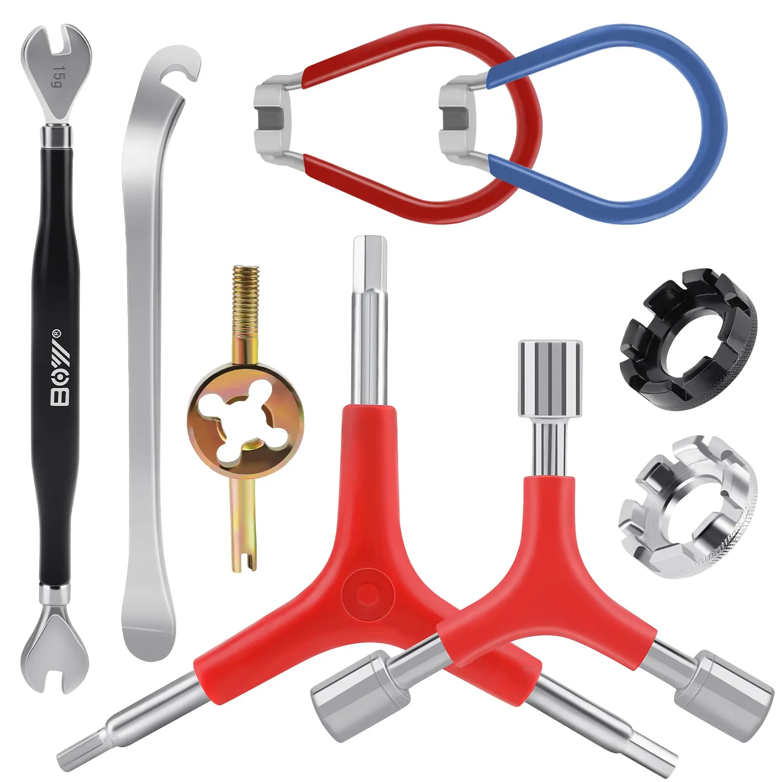 9-Pack Bicycle Spoke Wrench Tool Kit: Essential Cycling Repair Set with Rubber Handles & Multi-Use Tools