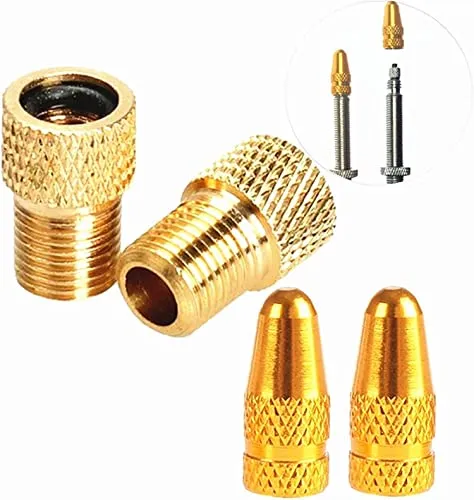 Anodized Alloy Presta Valve Caps & Copper Adapters Set for Bikes - Gold, 4-Piece