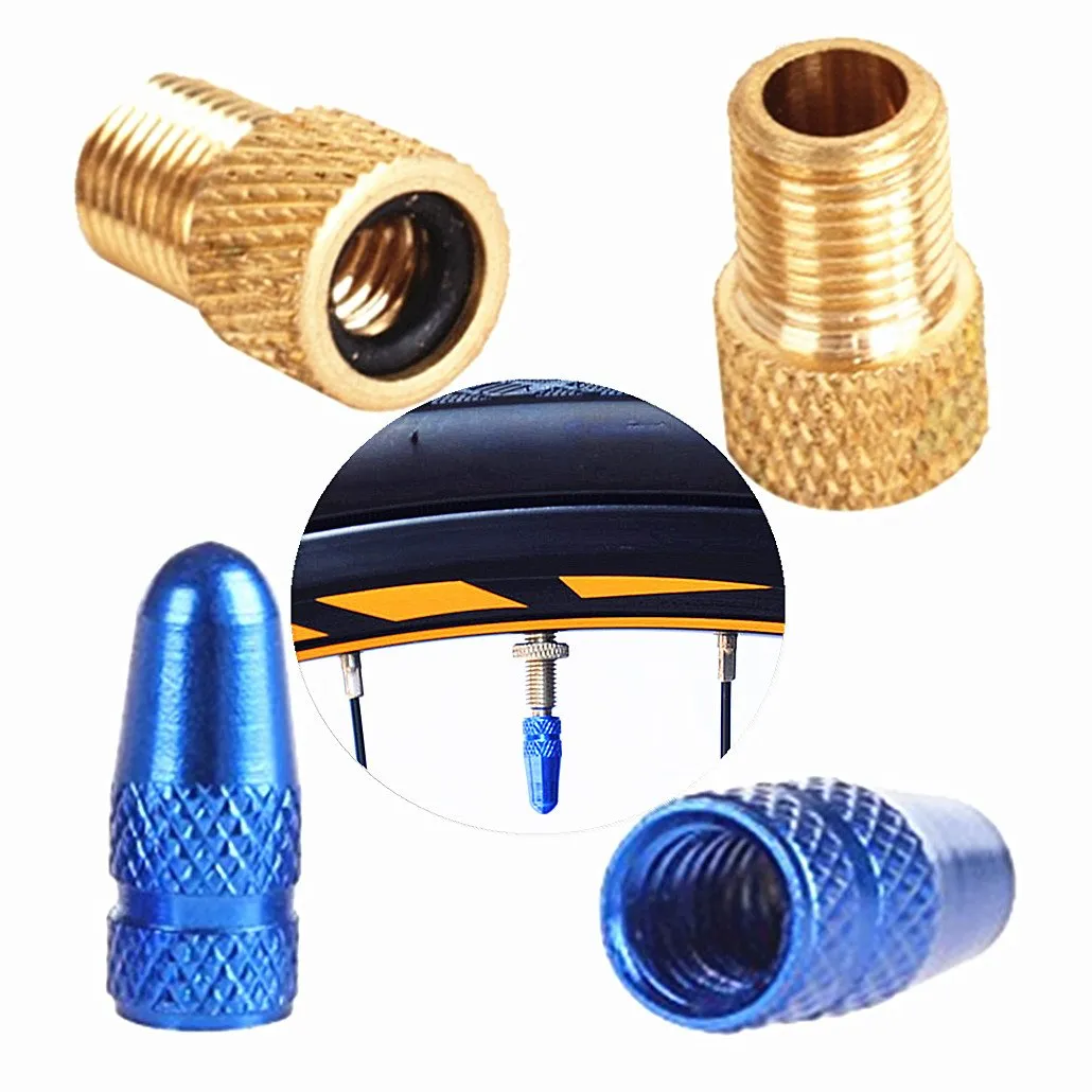 Anodized Alloy Presta Valve Caps & Copper Adaptors for Bikes - Set of 4 with Blue & Yellow Options