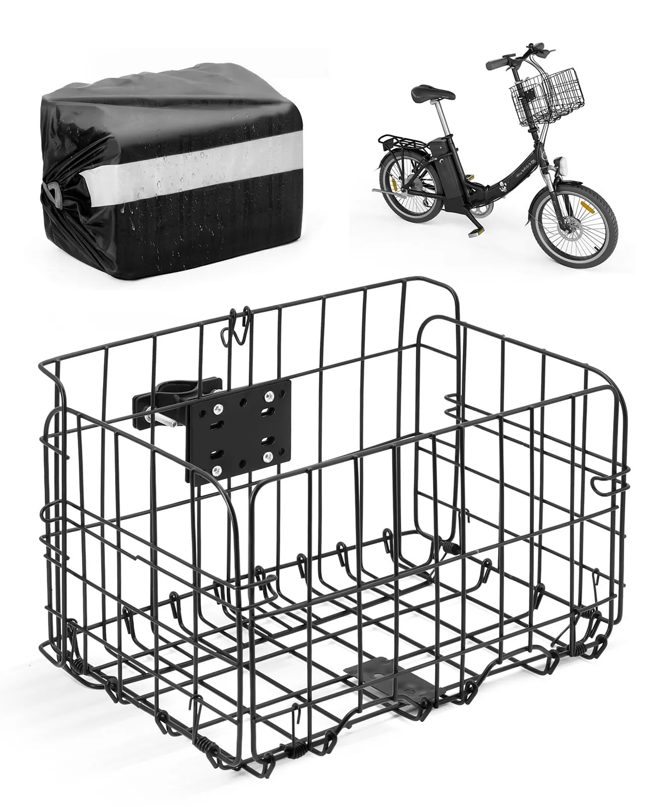 ANZOME Folding Bike Basket Front with Waterproof Cover, Rust-Resistant Metal Bicycle Basket